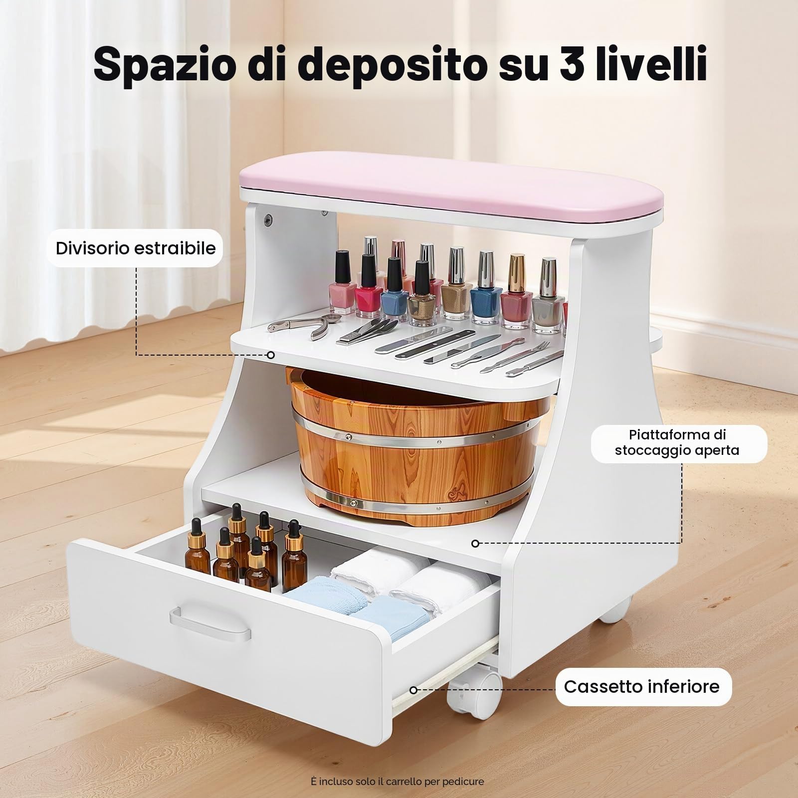 Carrello per manicure a 3 livelli per pediluvi con cassetti e 4 ruote universali, carrello per manicure con capacità di carico di 50 kg, per massaggi pedicure, 52 x 41 x 55 cm, colore