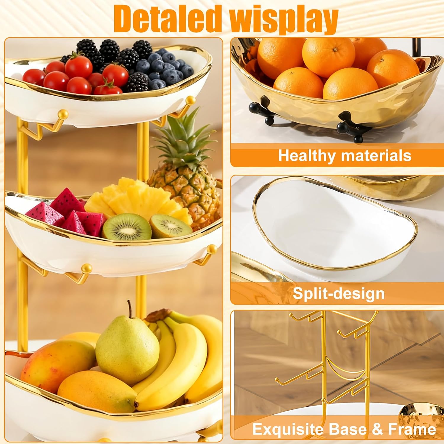 jessie 3 Tier Fruit Bowl for Kitchen Counter,Ceramic Bowl with Metal Stand,3 Tier Fruit Basket for Vegetable Bread Candy Snack Nuts Dessert Cake Tray (White Bowl Gold Rack)