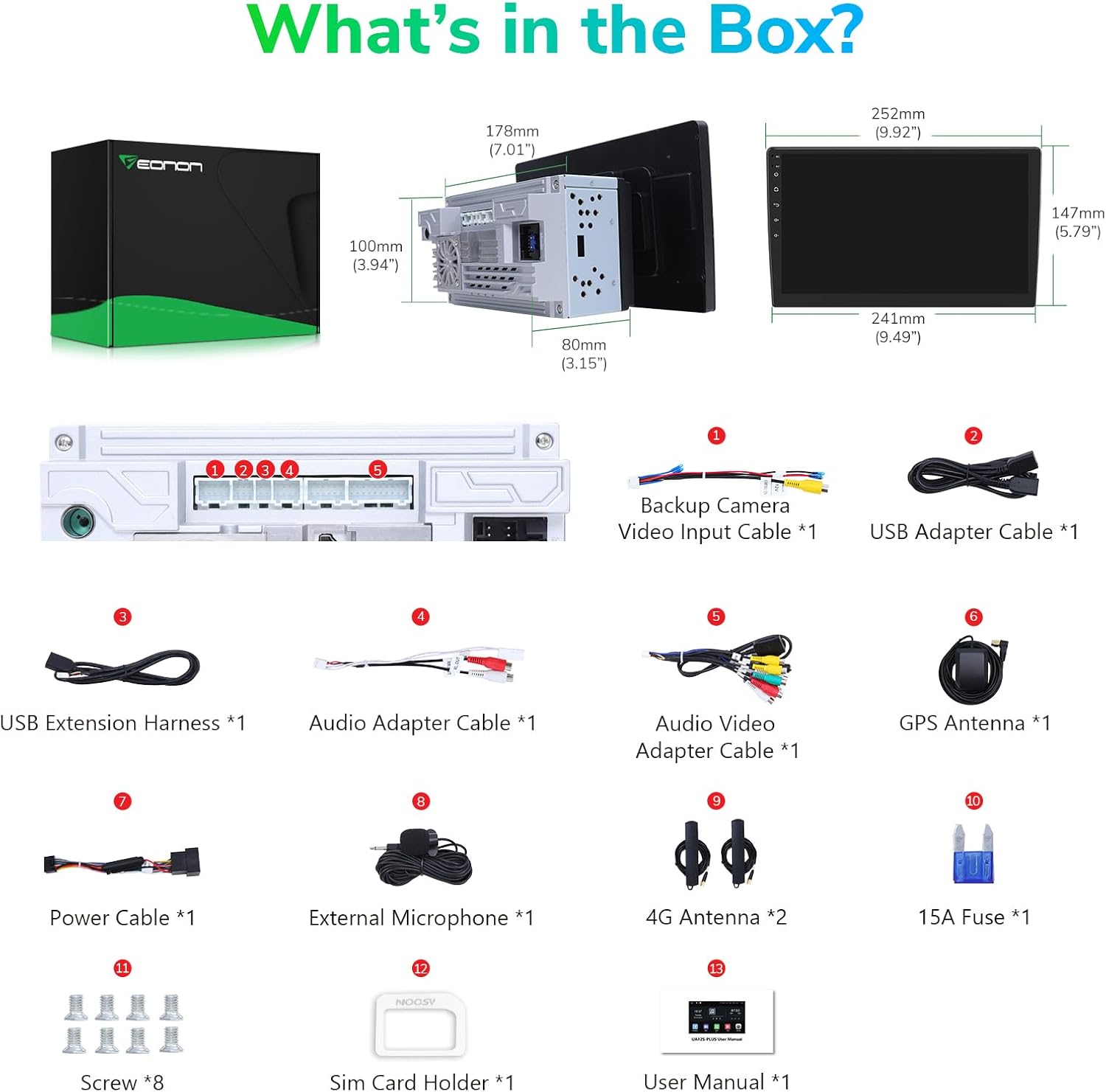 Contents of the Eonon UA12S-PLUS product box, including the head unit, cables, antennas, and accessories.