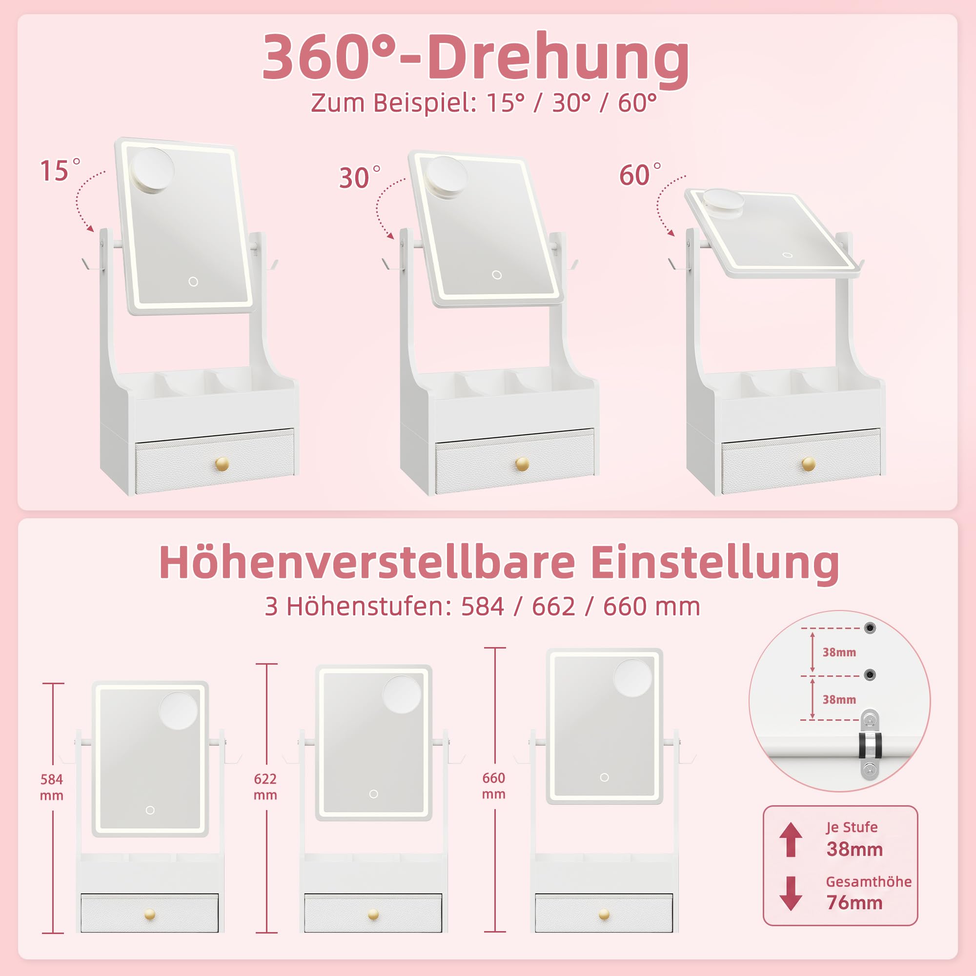 Schminkspiegel mit Beleuchtung, Make-up Organizer, 32 x 66 cm | 360° drehbarer Kosmetikspiegel, 5-fach Vergrößerungsspiegel mit Licht, höhenverstellbar, Tischspiegel & Schminktisch Spiegel