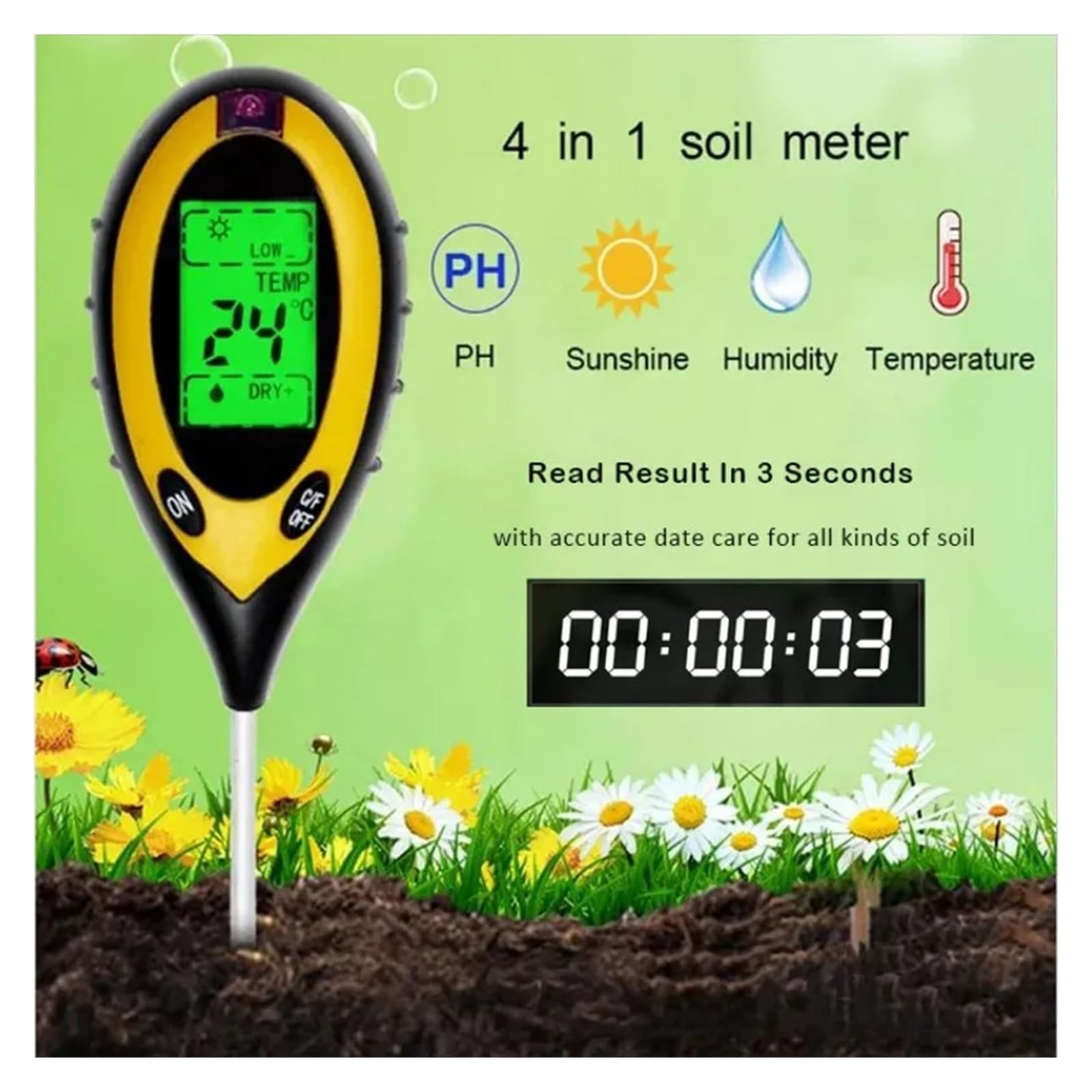 4 In 1 Digitaler Bodentester Boden PH-Monitor Temperatur Feuchtigkeitsmesser Bodendetektor Sonnenlichttester for Gartenpflanzen Landwirtschaft Einfache Bedienung