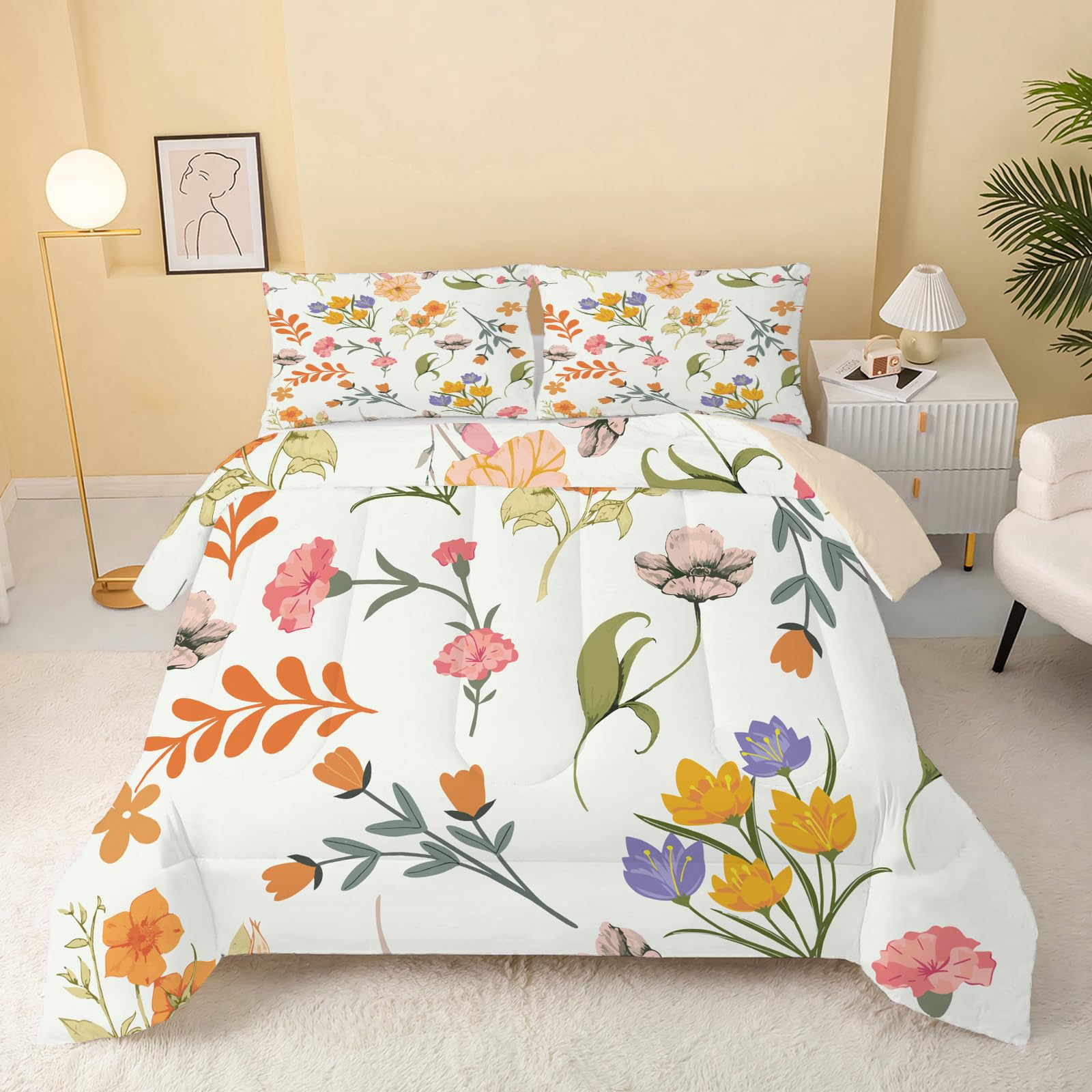 dyausi Floral Duvet, Coverless Duvet King Size Duvet 7.5 Tog, Lightweight Watercolor Plants Bedding Quilt 3 Piece, Machine Washable King Duvet 200x230 with Pillowcases, Yellow