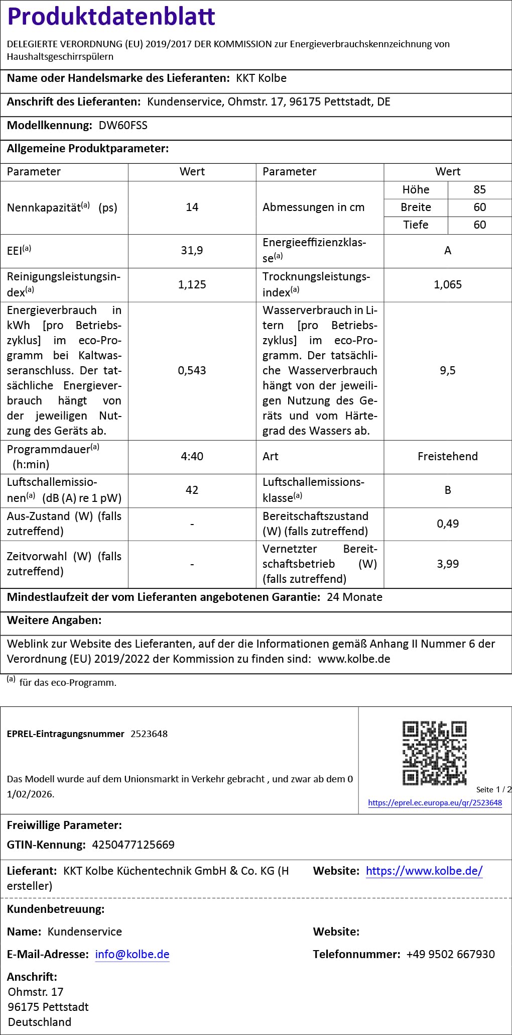 KKT KOLBE 60 cm Geschirrspüler Spülmaschine Schwarz Silber Freistehend Unterbaufähig 7 Programme 14 Maßgedecke DW60FSS