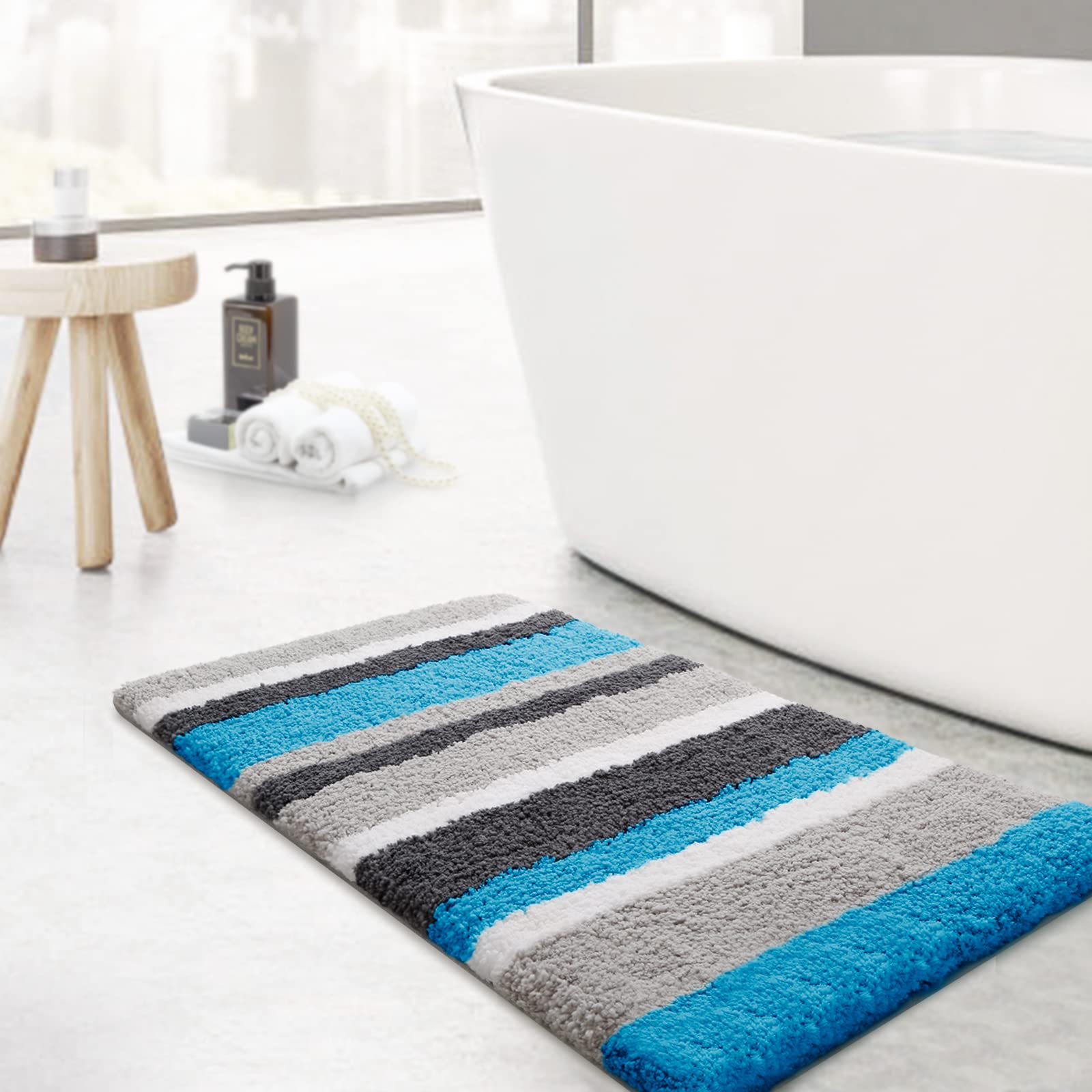 KMATLuxury Bathroom Rugs Bath Mat,18"x26", Non-Slip Fluffy Soft Plush Microfiber Shower Rug, Machine Washable Carpet Quick Dry Ultra Shaggy Bath Mats for Bathroom, Tub and Shower, Blue-Grey