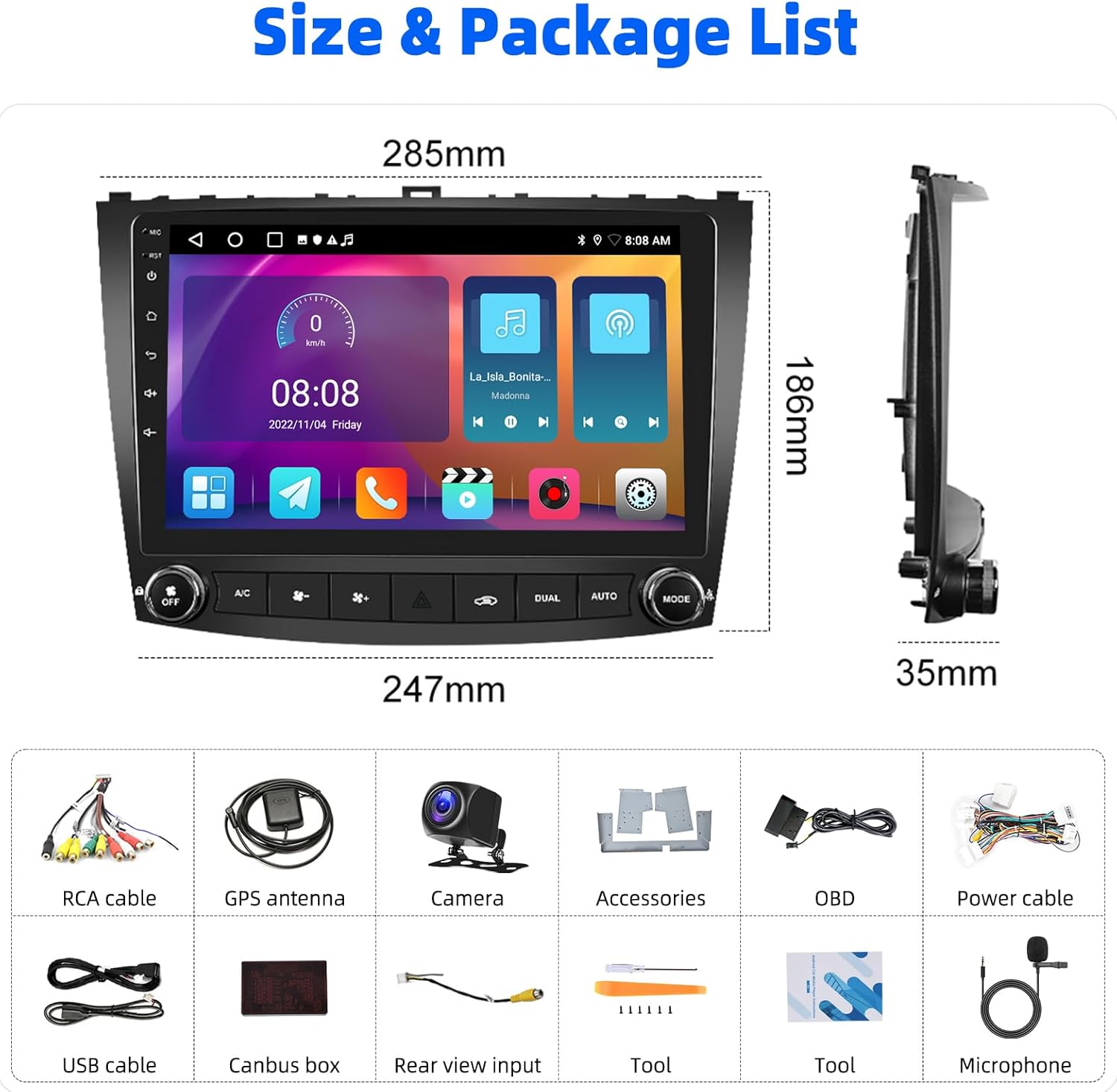 Contents of the SIXTOP Android Car Stereo package, including the main unit, cables, camera, and tools.