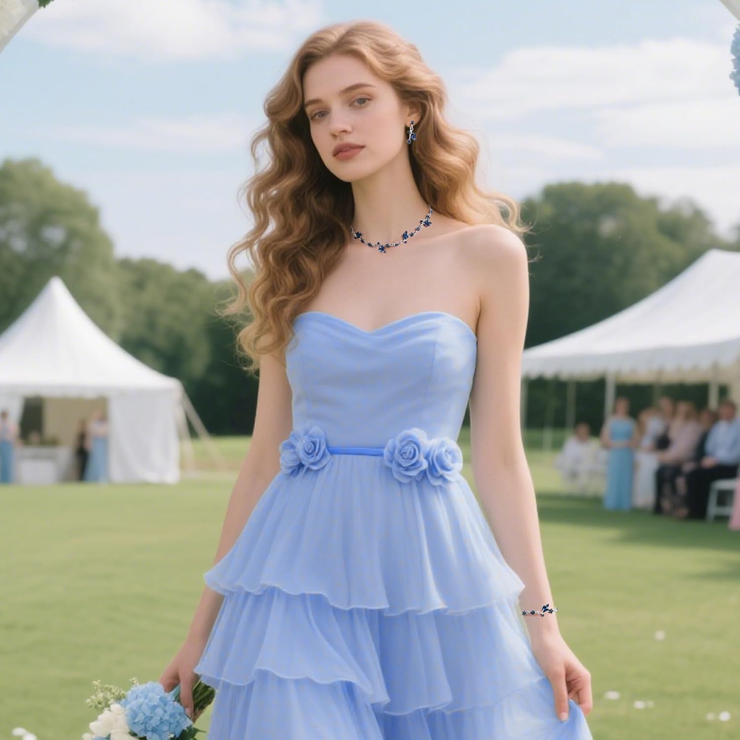 EVER FAITH Bridal Wedding Jewelry Set for Bride Bridesmaid Rhinestone Crystal Flower Leaf Choker Necklace Dangle Earring Link Bracelet Costume Accessories for Women - Image 4