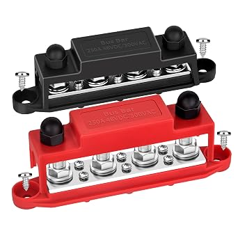 Bus Bar 12V 250A Power Distribution Block, 4 x 3/8" M10 Terminal Studs Busbar for Battery, Solar, RV, Boat, Automotive - Positive & Negative Pair, Red & Black