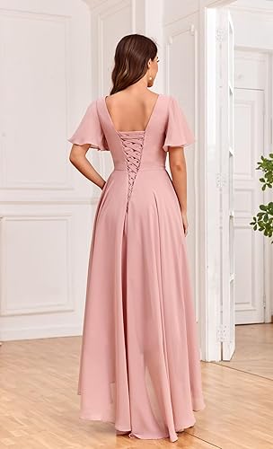 Miniatura 2 de High Low Chiffon Bridesmaid Dresses for Women Pleated V Neck Short Sleeves Formal Gown with Slit