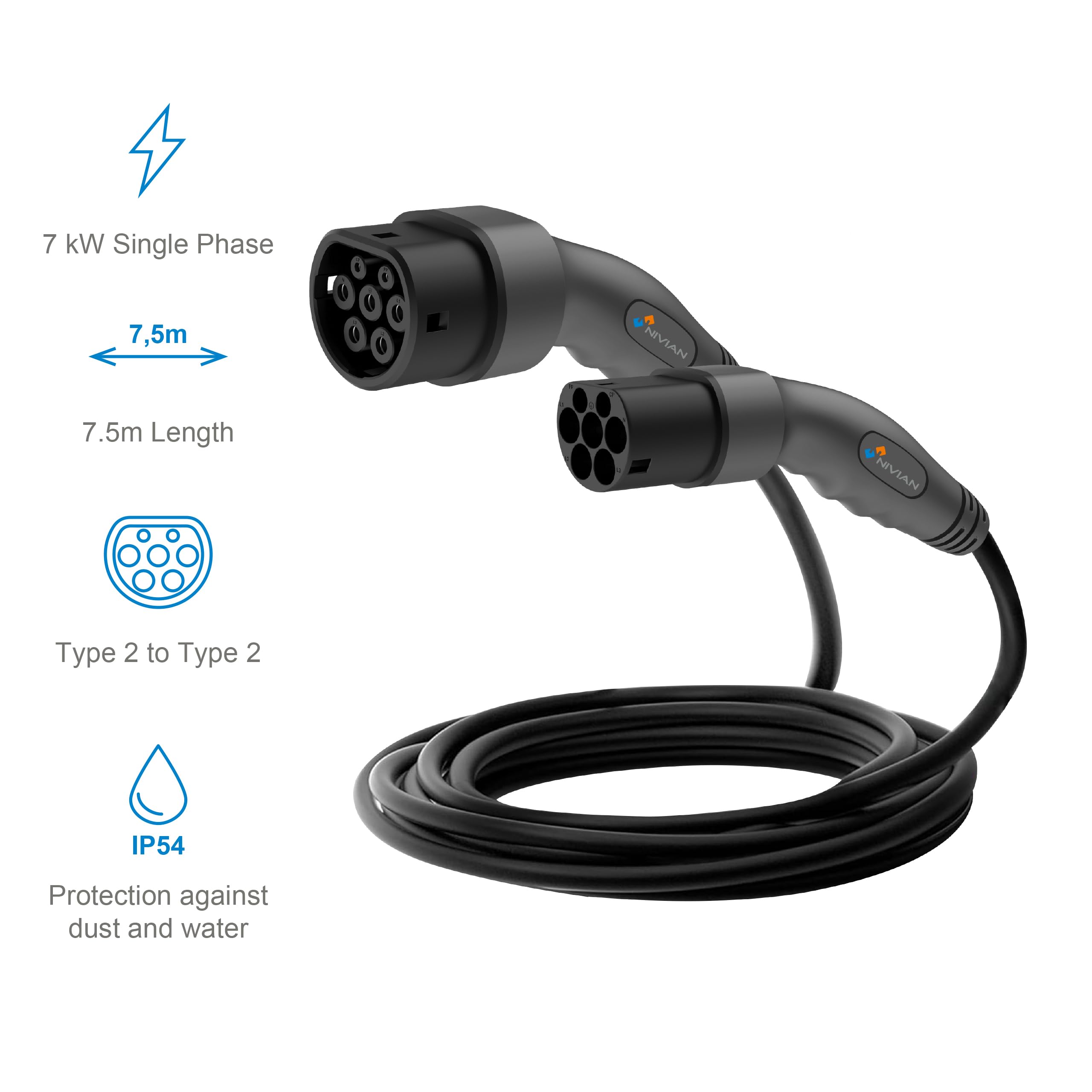 Kabel ładujący NIVIAN do pojazdu elektrycznego Typ 2 7kW Jednofazowy 32A 7,5m | Kabel do ładowania pojazdu elektrycznego