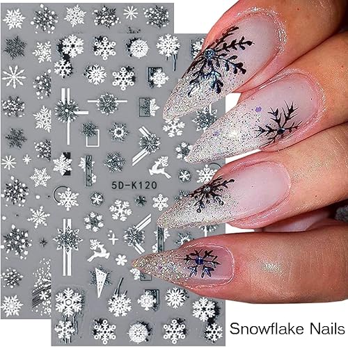 Miniatura 5 de 8 hojas de calcomanías de uñas de Navidad, copos de nieve 5D en relieve, copos de nieve blancos, árbol, alce, Navidad, invierno, diseño de copos de