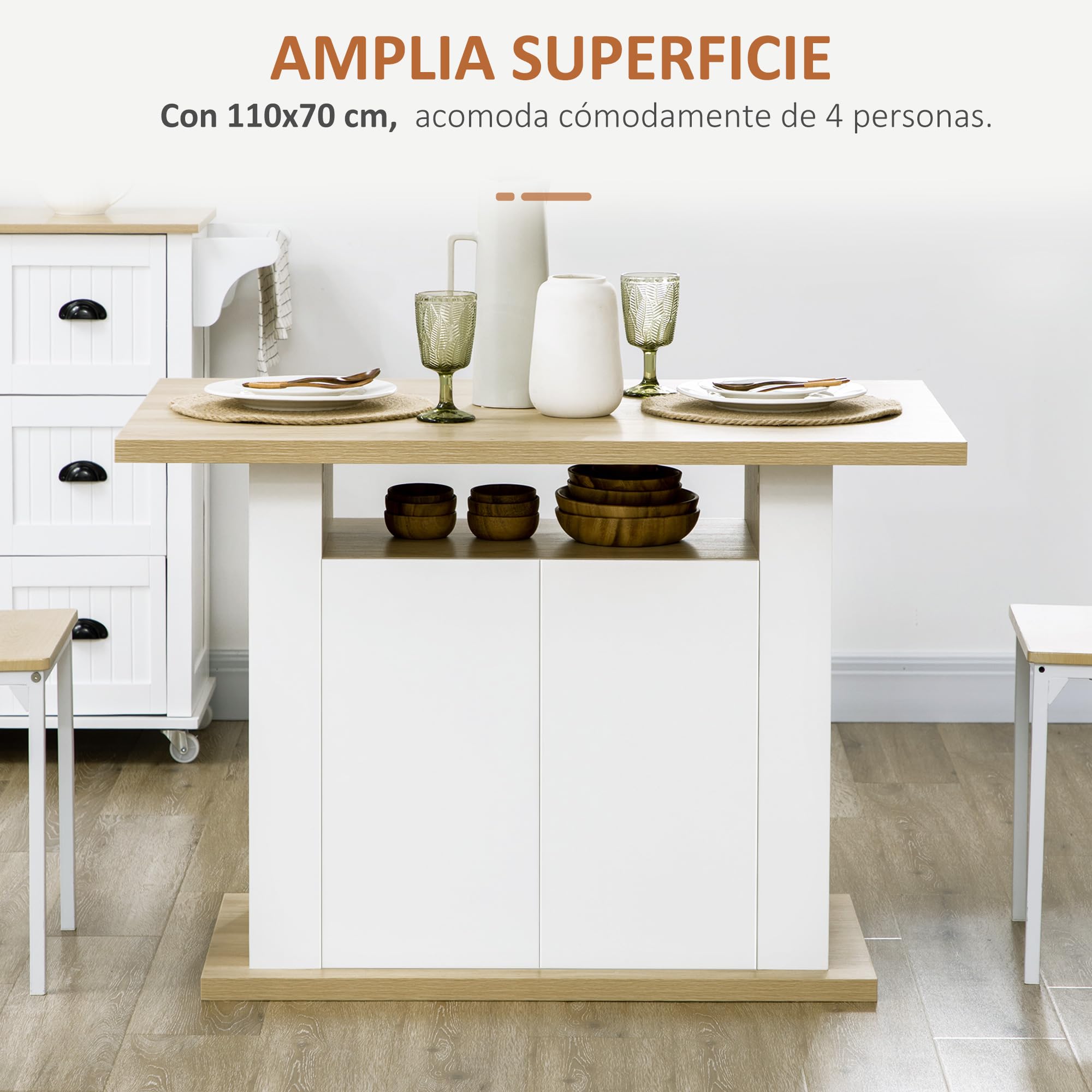 HOMCOM Isla de Cocina, para 4 Personas, Mueble de Cocina Multifuncional, Mesa de Comedor con 4 Puertas, Compartimentos Abiertos, Estante Ajustable, 110x70x75,5 cm, Roble y Blanco