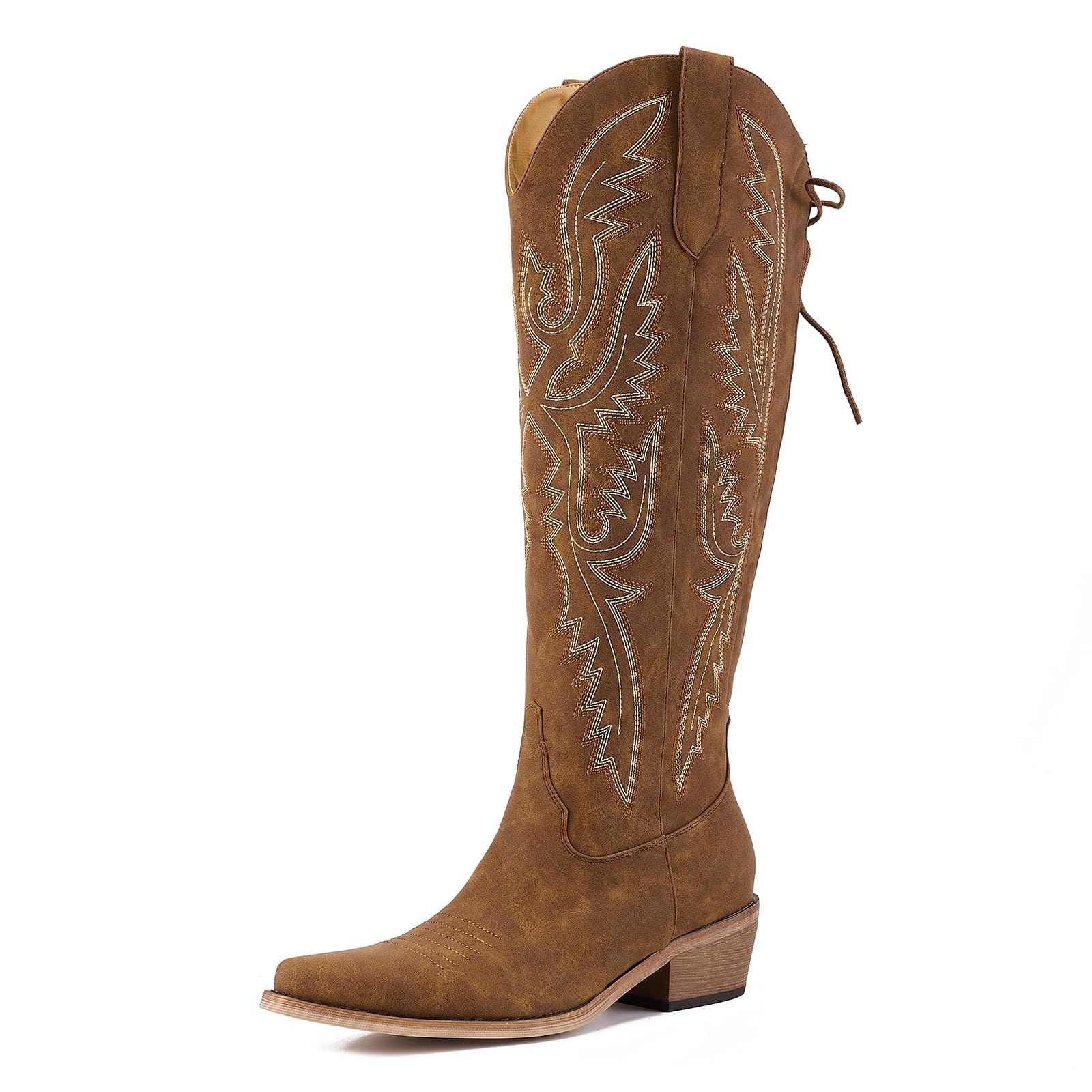 Wide Calf Cowboy Boots for Women Knee High Cowgirl Boots Adjustable Lace Up Embroidered Boots with Side Zipper Pointed Toe Chunky Heel Western Boot.