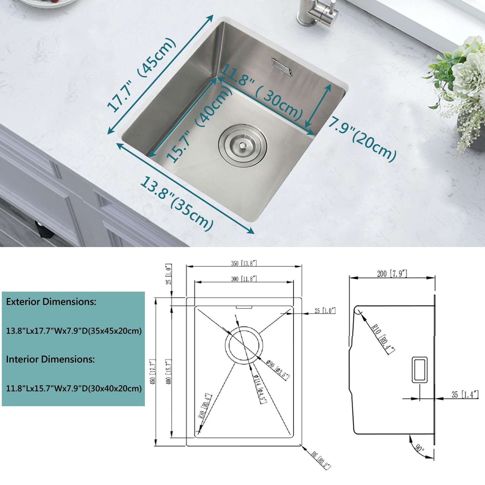 Lavello da Cucina Sottotop, Piccolo Lavello da Cucina per Camper, 35 x 45 cm, Mini a Una Vasca In Acciaio Inox da Esterno con Filtro e Kit di Troppo Pieno, Griglia Arrotolabile e sifone, Spazzolato