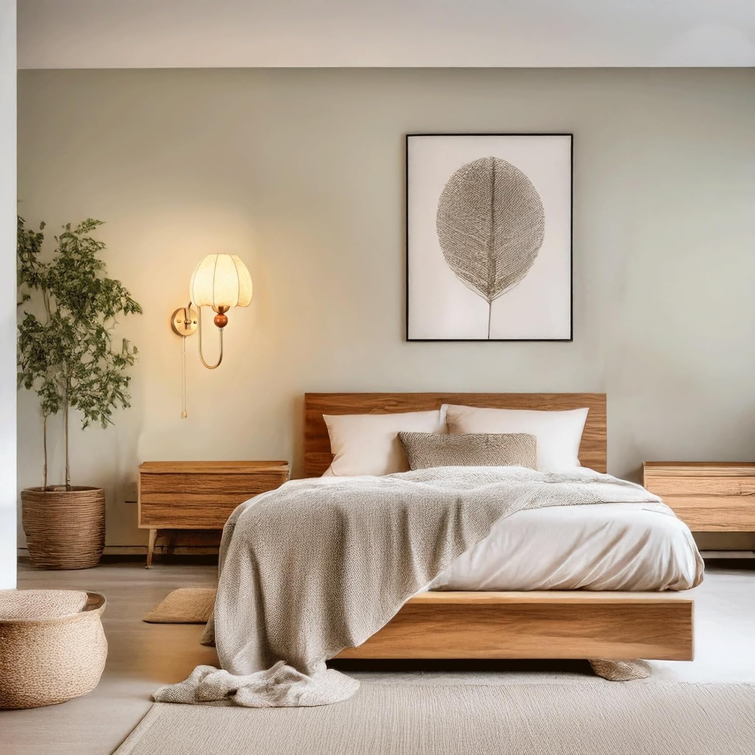 Wall Sconce Vintage Elegant Iron Wood Fabric Shade Wall Light Hardwired Indoor Wall Lamp Pull Chain Ambient Decorative Accent for Bedroom Living Room Study Hallway Wall Mounted Light Fixture