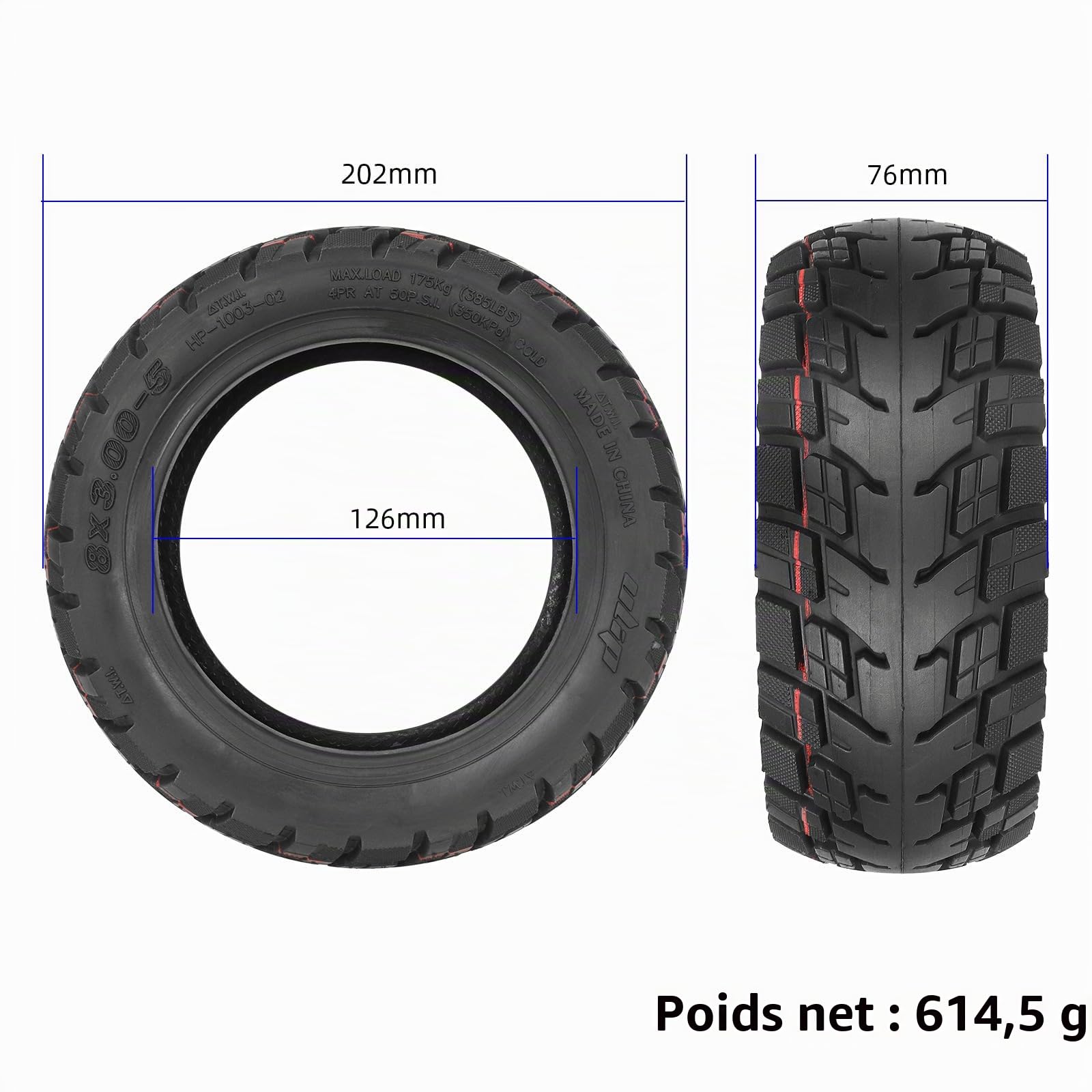 8x3,00-5 Pneus Offroad à vide pour Kaabo Mantis 8 Scooter électrique, 200x85 Pneus sans chambre à air, Pneus Tubeless de 8 pouces de large et plus épais, Roues de rechange antidérapantes pour