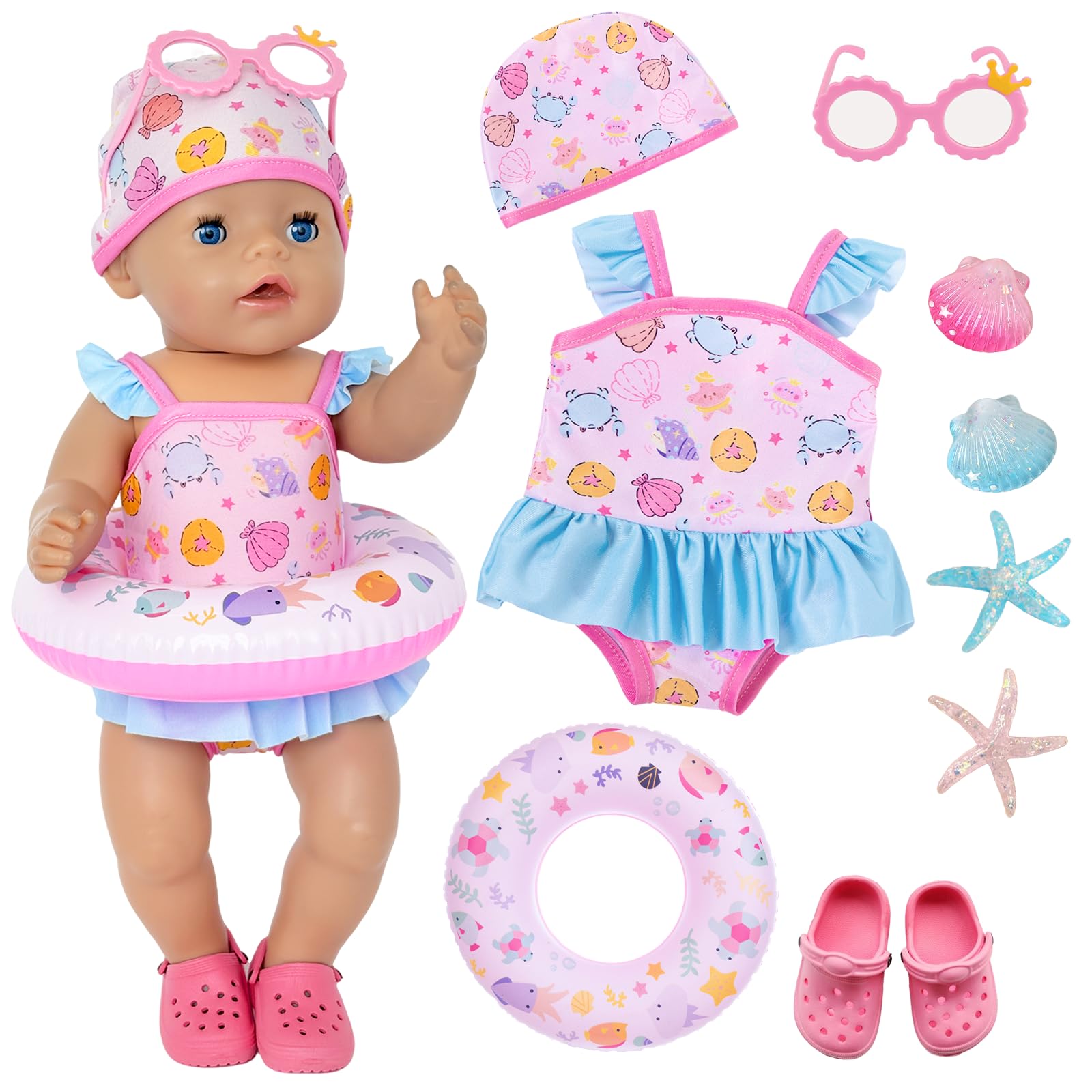 Kostium kąpielowy dla lalek 35-43 cm, słodki strój dla lalek ze spódnicą do pływania, czepkiem kąpielowym, kółkiem do pływania, butami, okularami przeciwsłonecznymi i rozgwiazdą, 9 sztuk, dla lalek 14