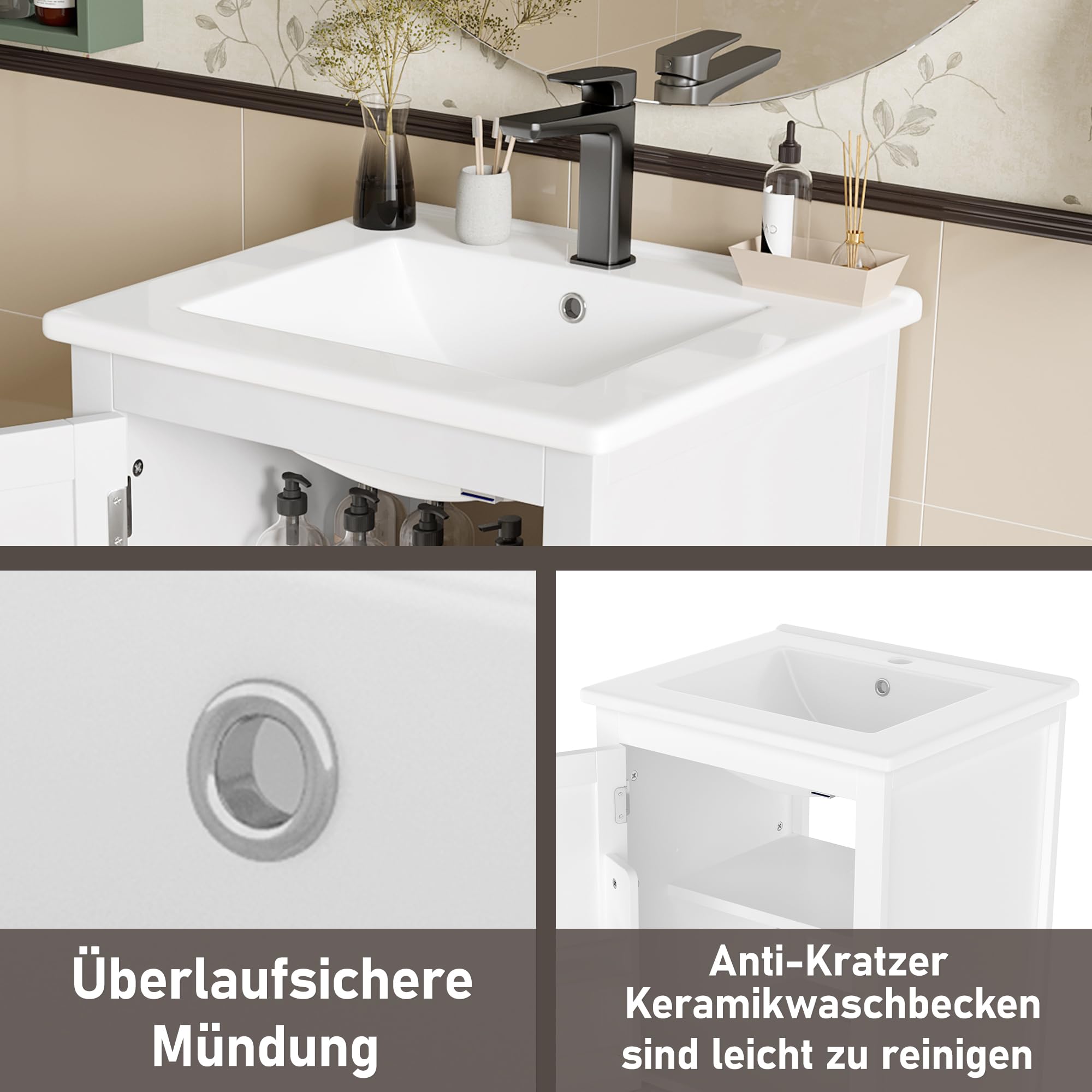 51 x 46 x 85 cm, mueble de baño de pie con lavabo, lavabo completamente lacado, estante para puerta, cajón silencioso con gran capacidad, estante ajustable, lavabo de cerámica, color blanco