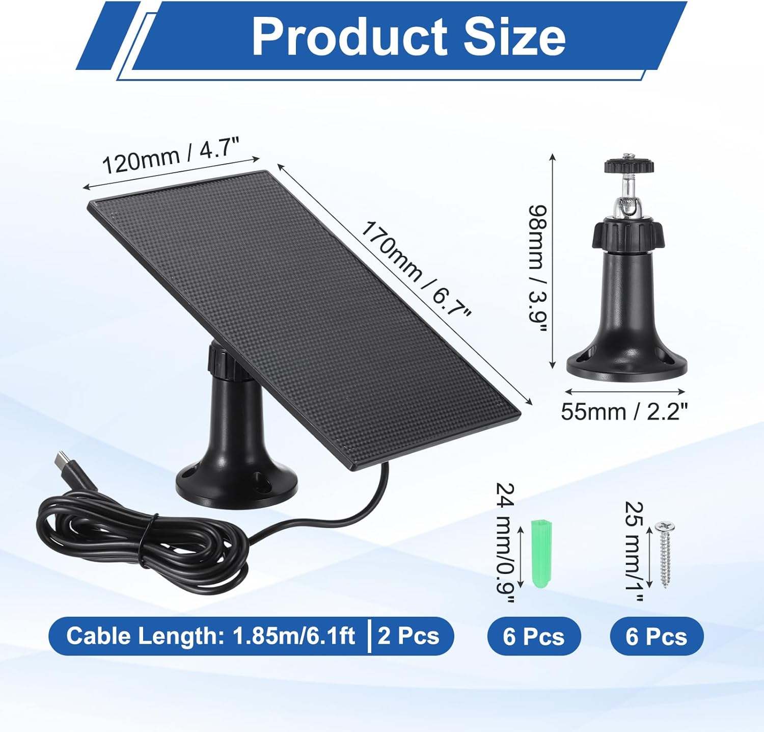 MECCANIXITY 2 Pcs Solar Panel for Ring Camera, 4W 6V USB Solar Panel Charger with 6ft Type-C Port Cable 360°Adjustable Wall Mount for Security Outdoor Bird Feeder, IP65 Waterproof, Poly, Black