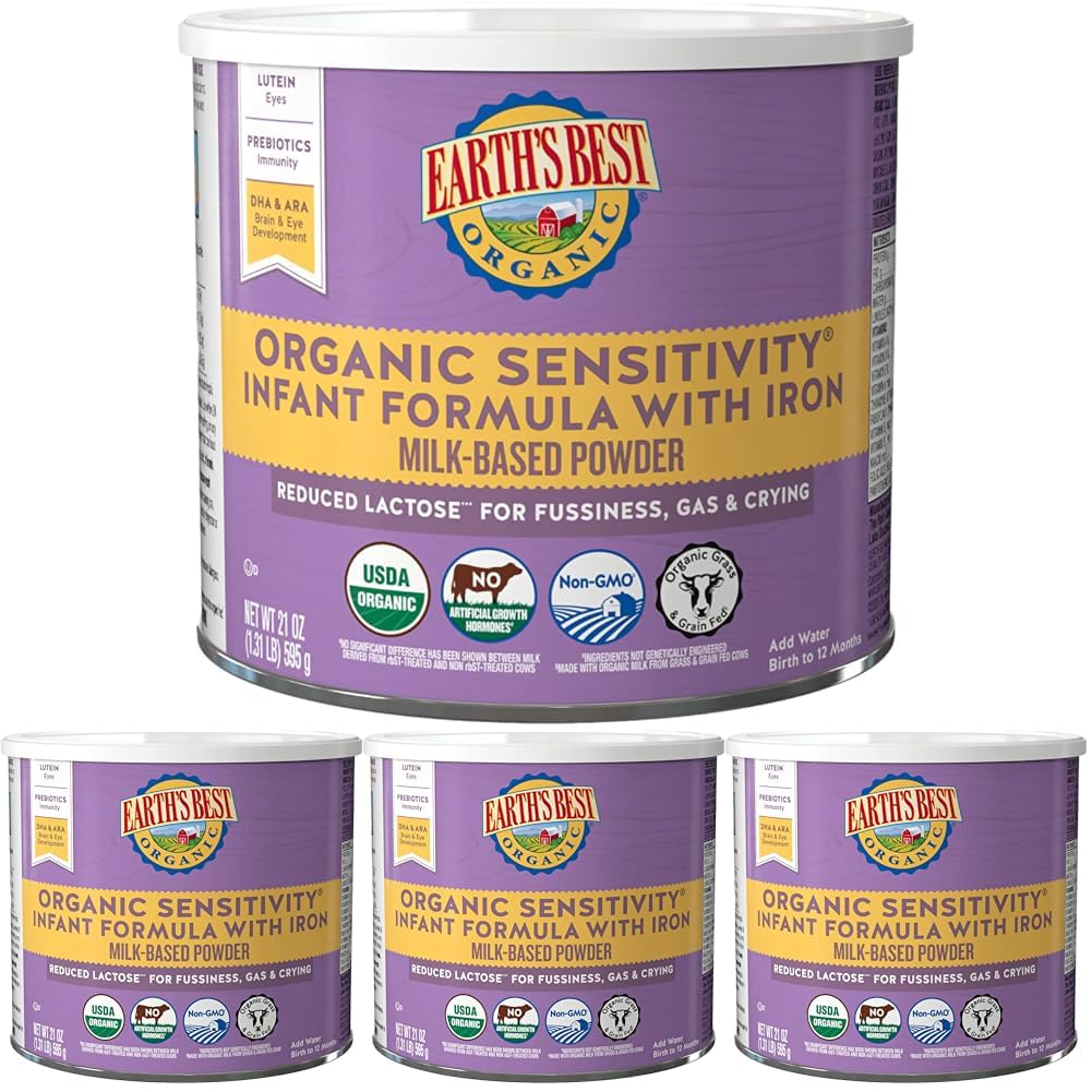Earth's Best Organic Sensitive Baby Formula for Babies 0-12 Months, Reduced Lactose Powdered Infant Formula with Iron, Omega-3 DHA, and Omega-6 ARA, 21 oz Formula Container (Pack of 4)