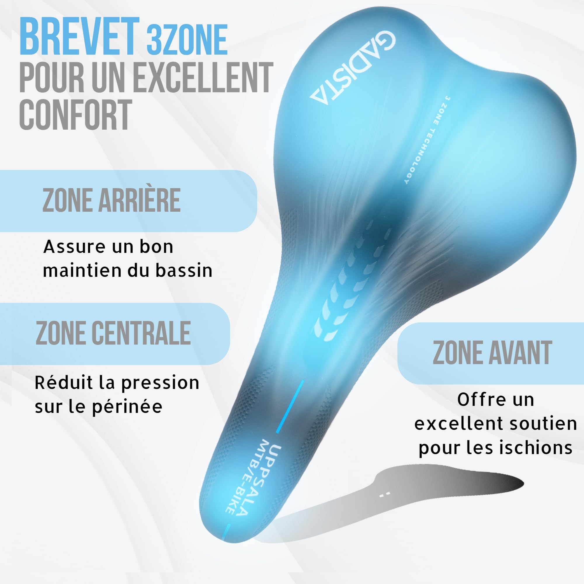 GADISTA France, Selle velo, Selle de velo ultra confortable fait mains en ITALIE avec technologie brevetée 3ZONE, selle VTT étanche pour Hommes Femmes avec Design Ergonomique, accessoire indispensable
