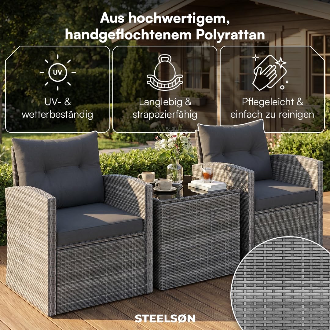 STEELSØN Selaria Rattan Gartenmöbel – Sitzgarnitur 2 Gartenstühle & 1 Tisch – Outdoor-Sitzgruppe grau – Gartensessel wetterfest 2 Personen – Gartenset mit Sitzkissen – Balkonset – Terrassenmöbel