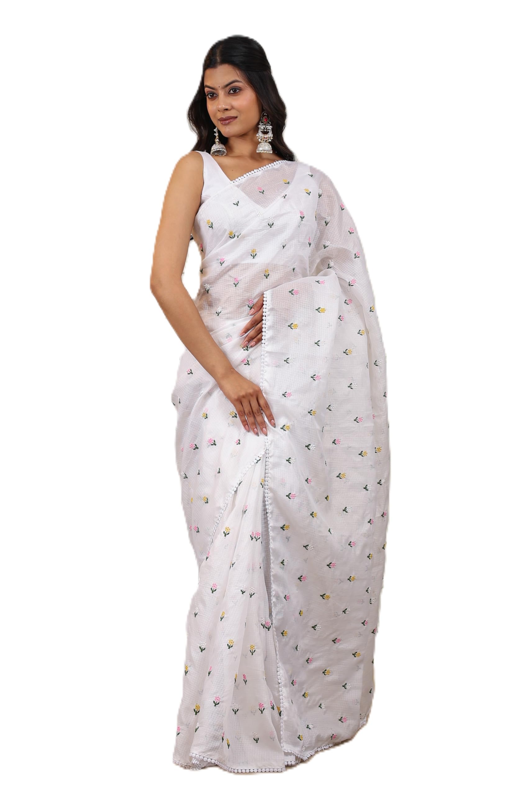 Kota Silk White Floral Embroidered Saree with Pom Pom Border, Lightweight Ethnic Wear for Women-image-48
