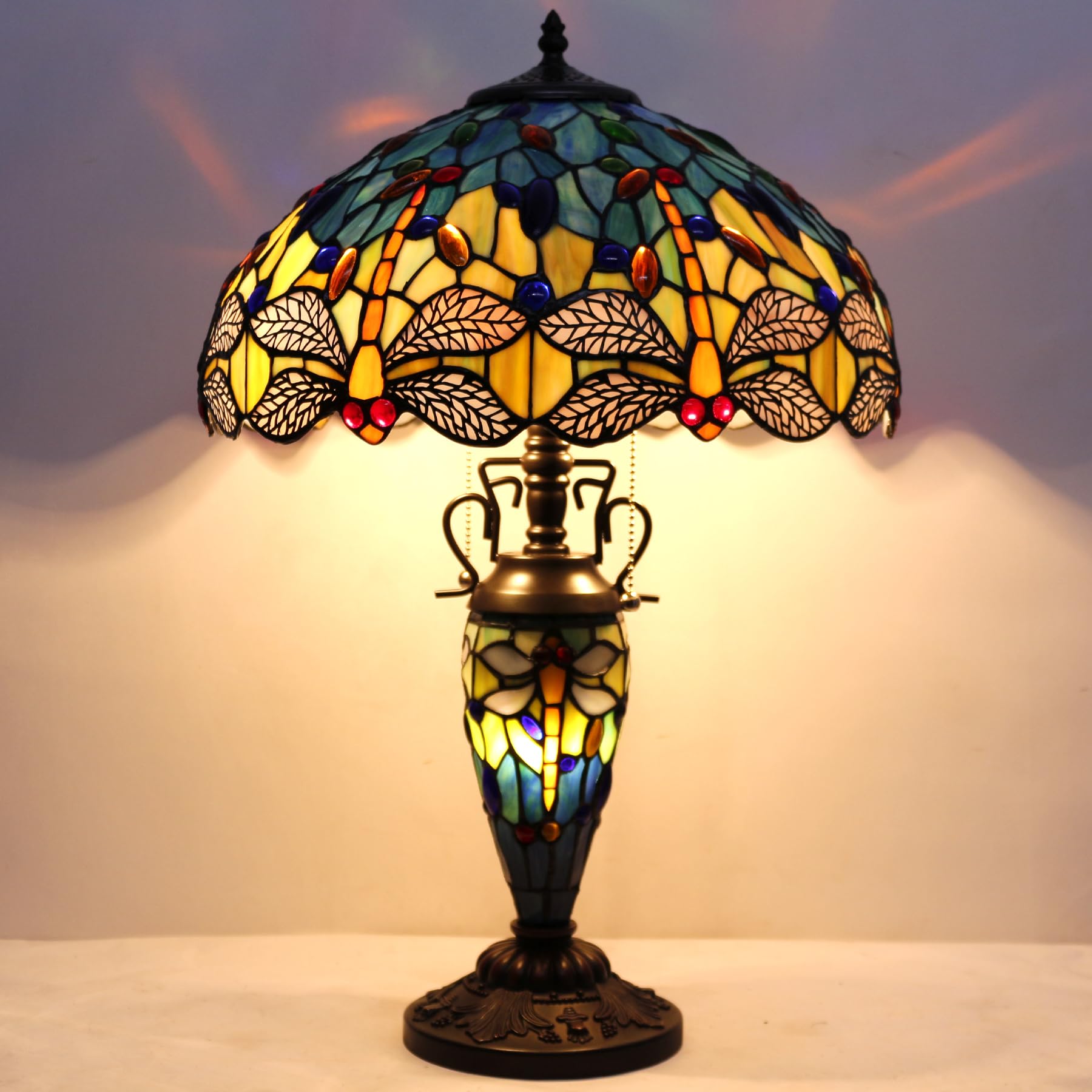 WERFACTORY Tiffany Table Lamp Sea Blue Yellow Stained Glass Dragonfly Mather-Daughter Vase Table Lamp 16X16X24 Inches Desk Light — view 3