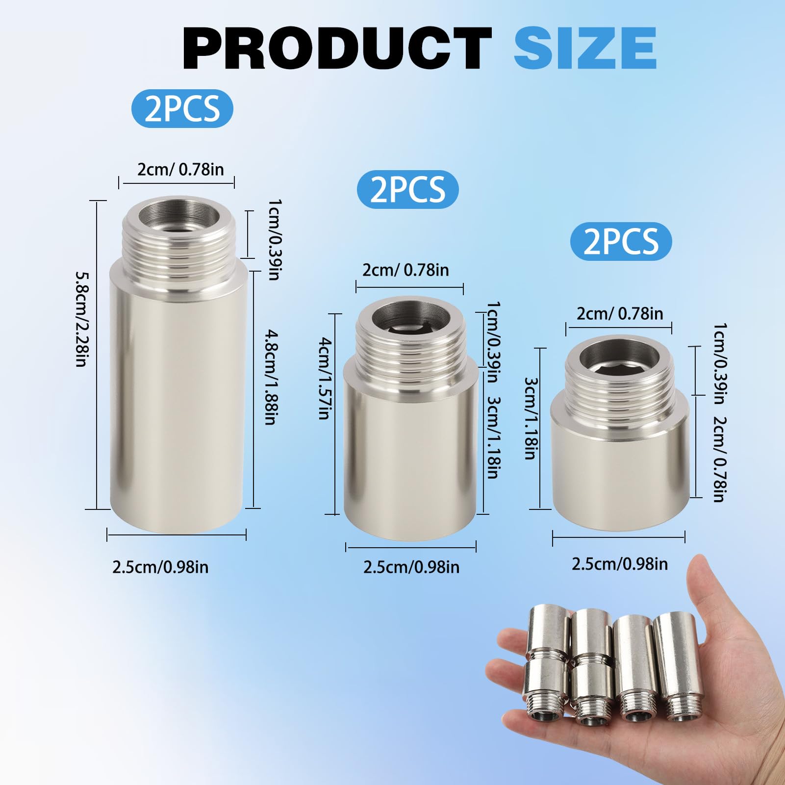 6 Piezas Extensiones de Grifo de 1/2 Pulgada, Racor de Prolongación de Acero Inoxidable, Adaptador de Grifo 1/2, Conector de Aireador de Grifo para Ducha y Tuberías de Agua