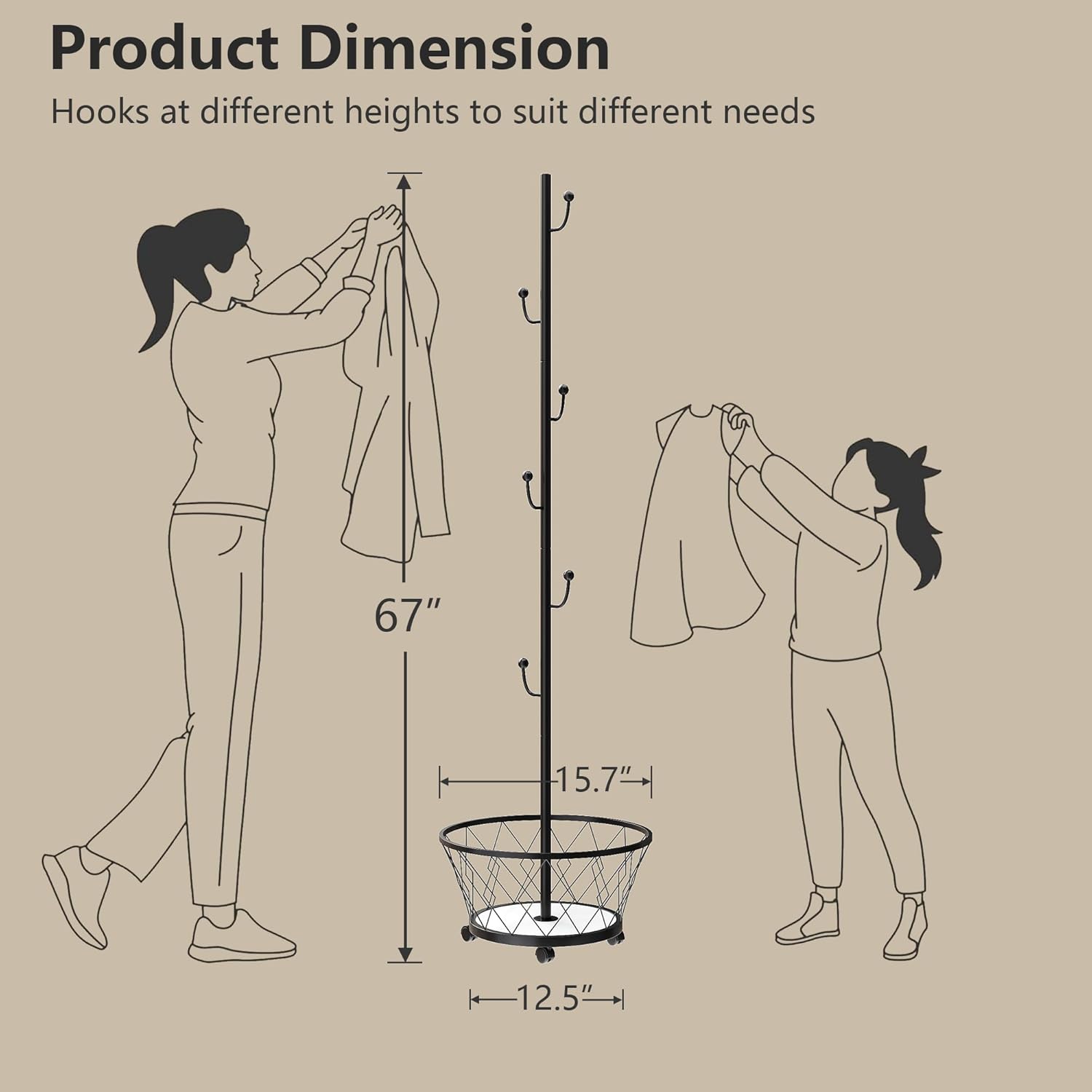 Black Cactus shaped Coat Rack Hanger Freestanding, Metal Clothes Rack with Basket 6 Hooks to Hang Clothes, Hat, Bag for Entryway, Hallway, Bedroom