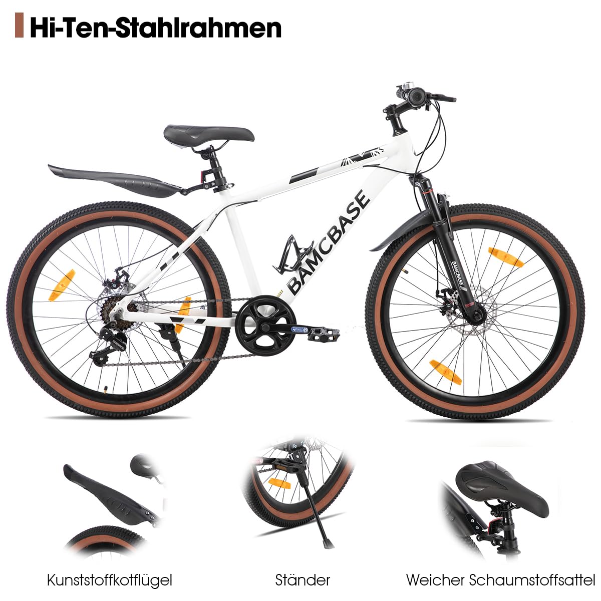 HILAND Bloomer Rower górski 26", MTB, męski i damski, 7-biegowy rower z mechanicznym hamulcem tarczowym, aluminiowa rama Hardtail, uniseks, dla dorosłych, biały