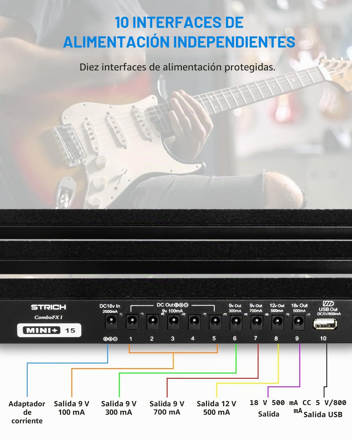 STRICH Tabla de Pedales de Guitarra con Fuente de Alimentación Integrada, Tabla de Pedales 15 x 7.8" Aleación de Aluminio Ligera, Tabla de Pedales con Cables de Pedal, Bolsa, Tiras de Velcro PB-MP15