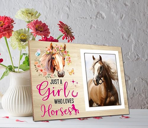 Miniatura 3 de Marco de fotos de caballo, casa de campo rústico, regalos de flores para amantes de los caballos, marco de fotos con texto en inglés "Just a Girl