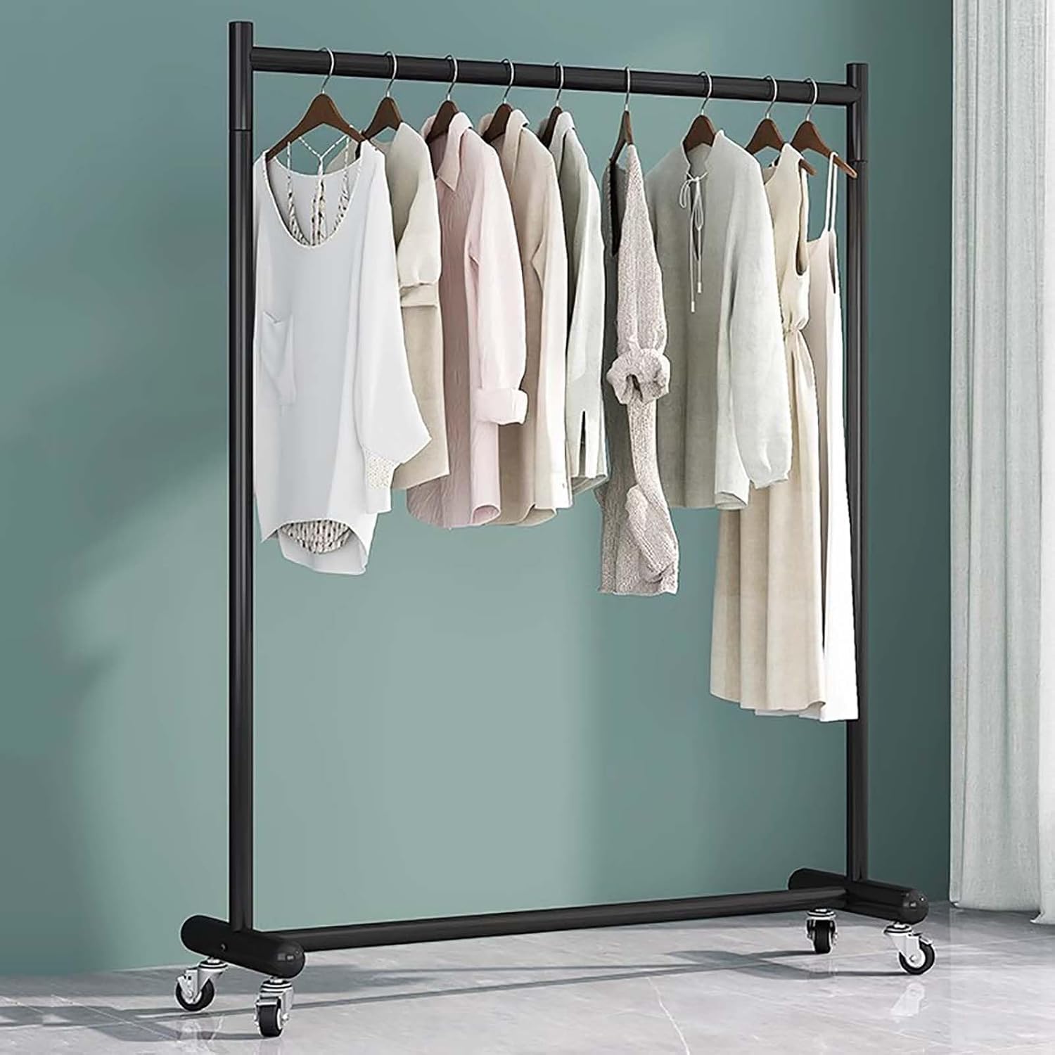 JYBNBBE Industrial Pipe Clothing Rack on Wheels - Mobile Garment Rack with Rolling Casters for Home and Retail - Stylish Closet Organizer for Hanging Clothes,Black-31.5in
