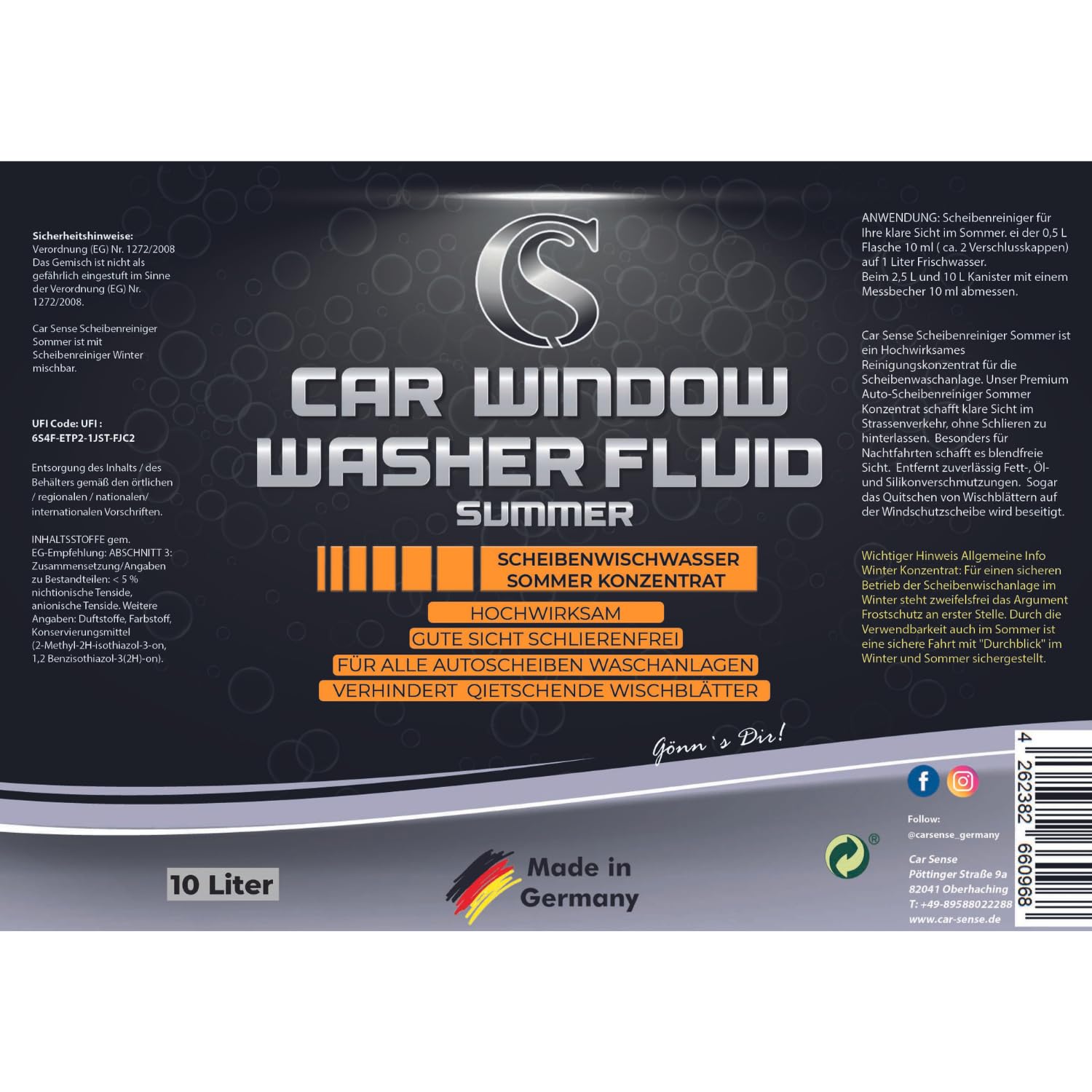 Car Sense Scheibenwischwasserkonzentrat Sommer [10L] - bis zu 1000L Wischwasser - Hochwirksam & ohne Schlieren, Wischwasser Auto Sommer, Scheibenreiniger Konzentrat