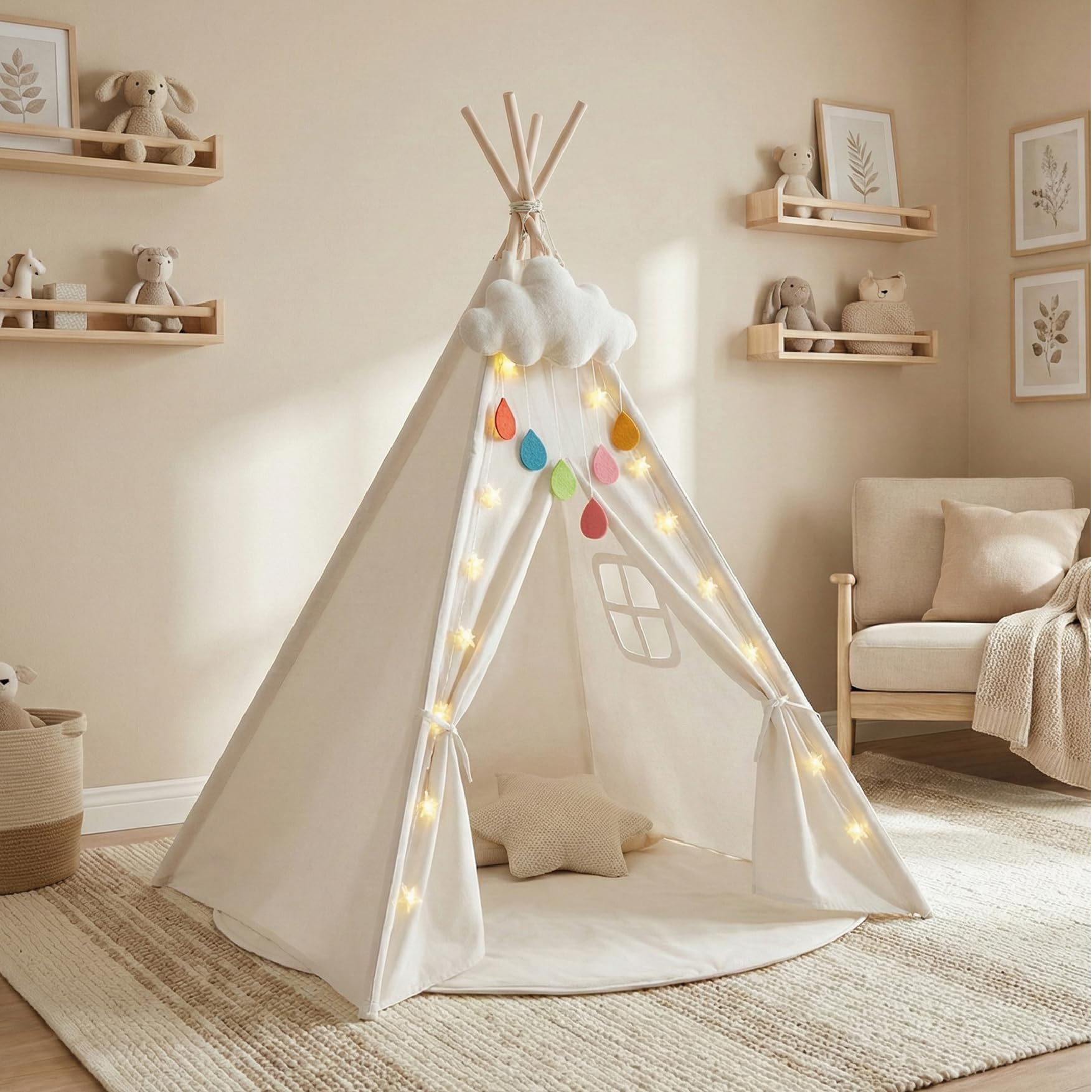Buddy Baby Tipi - Tenda per lettino con luci a stella e peluche nuvola – Tappeto imbottito – Gioco interno esterno