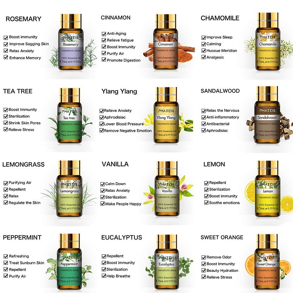 PHATOIL Olio Essenziale 15Pcs Lavanda, Eucalipto, Gelsomino, Citronella, Arancia Dolce, Legno di Sandalo, Menta Piperita, Vaniglia, Rosa, Limone, Ylang, Camomilla, Melaleuca, Cannella, Rosmarino