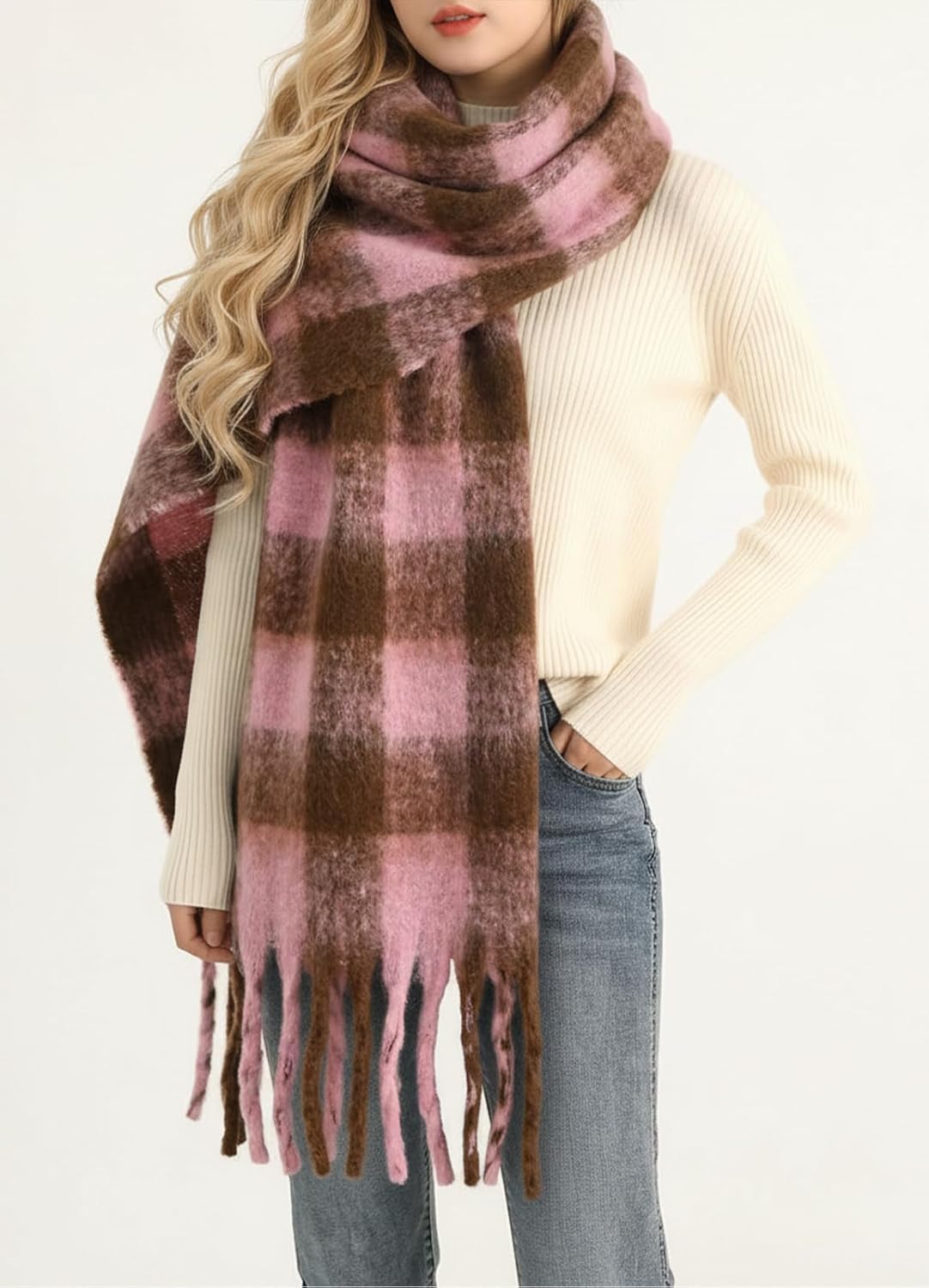 Women Warm Scarf Long Shawl Cold Weather Thick Blanket Scarfs Plaid - Image 3
