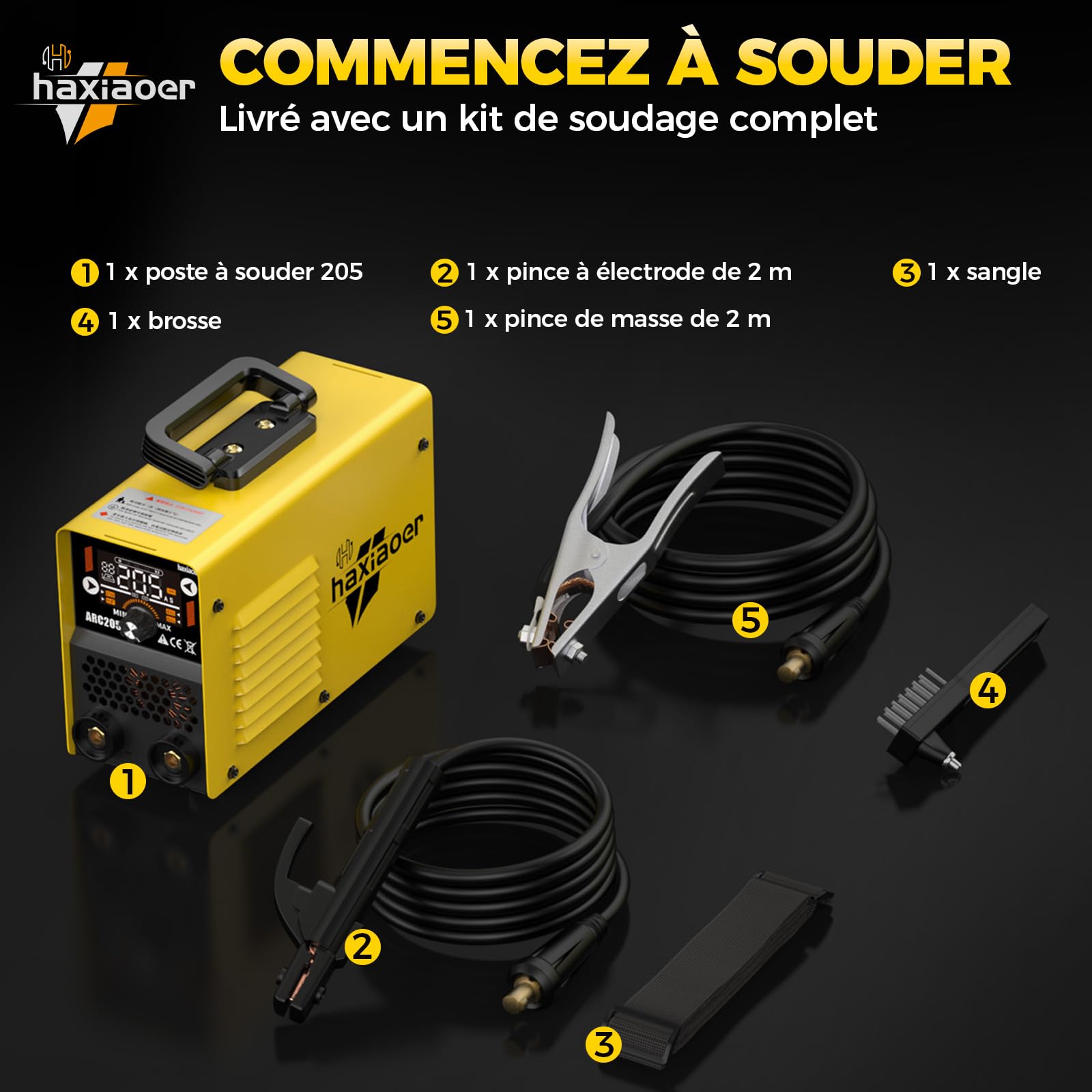 haxiaoer ARC205 Poste a Souder ARC – 205A 230V DC Poste à Souder Inverter avec Lift TIG, Affichage LED, Anti-stick, Hot Start, ARC Force, 10 électrodes