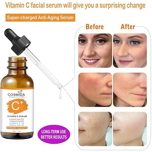 Miniatura 3 de Cosmida Suero de vitamina C para cara con ácido hialurónico, suero antienvejecimiento de colágeno para brillo, manchas oscuras, acné, arrugas y