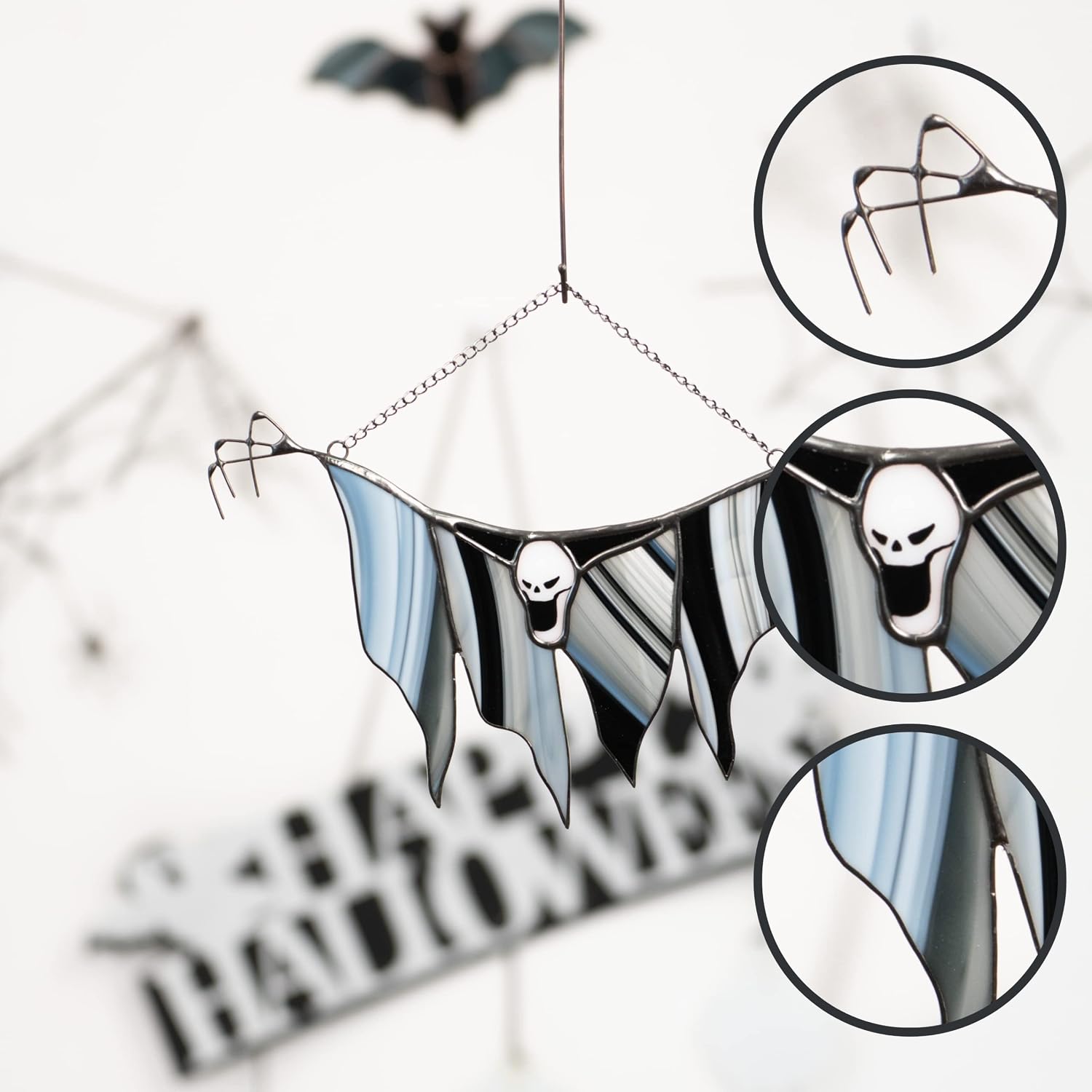 Spooky Grim Reaper Halloween Stained Glass Window Hangings Ornament Suncatcher Windows Doors Room Home Decoration Black Cat Halloween Decor Spooky Goth Decor Bat