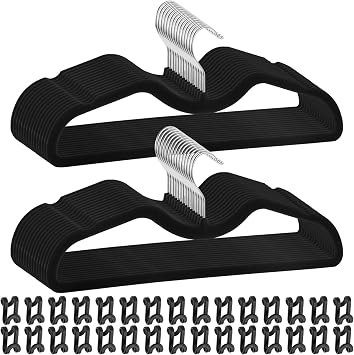 Pants Hangers Non Slip, 30 Pack Velvet Hangers for Closet with 30 Hooks, Strong Durable Slimline Space Saving Pants Hanger, Space Saving Flocked Hangaers for Pants, Shirts, Bra, Shorts Black-M-shape