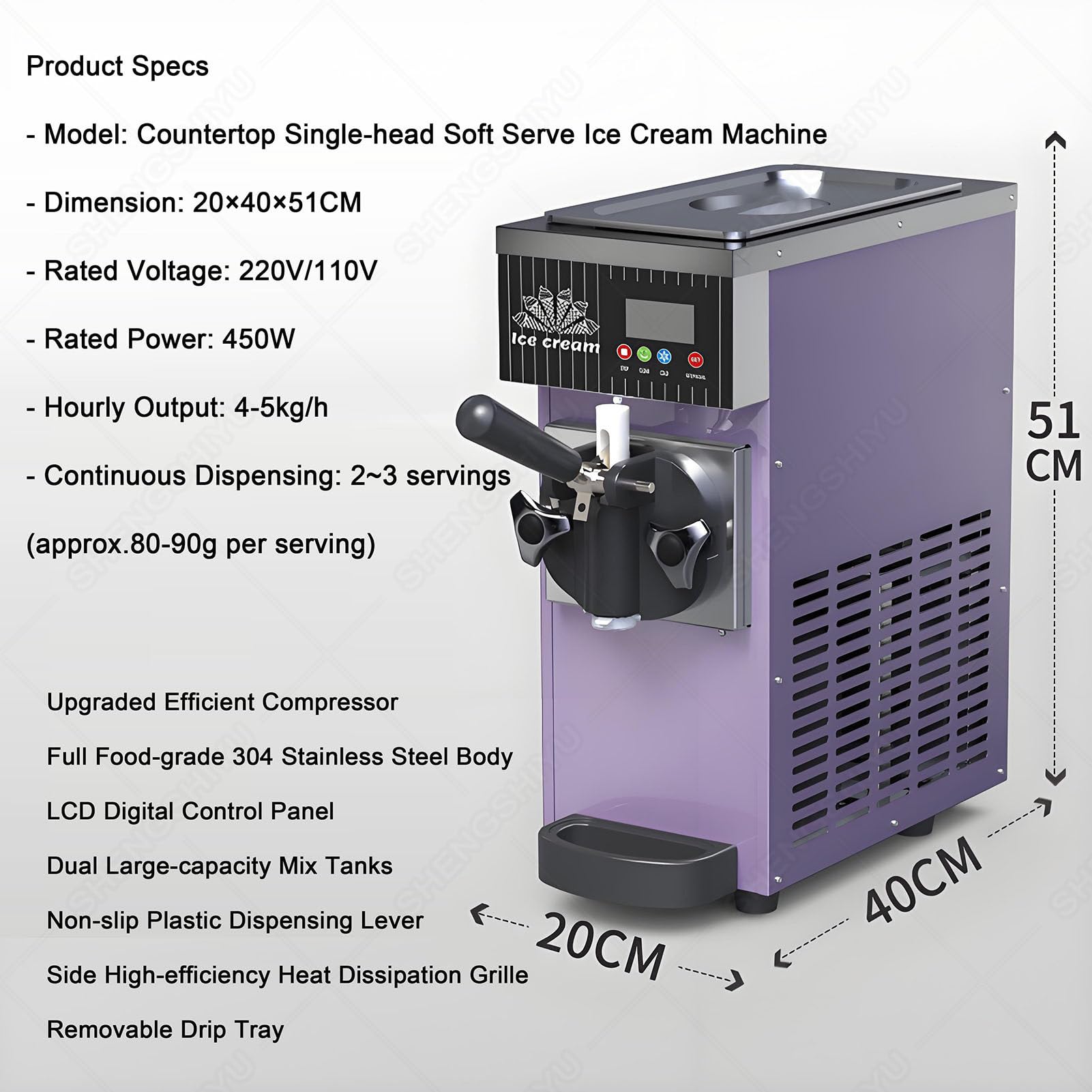 Macchina Gelato Commerciale,Macchina Gelato Soft,Produzione 4-6kg/H,Gelatiera Autorefrigerante,per Gelato Soft,Yogurt, Crema Pasticcera E Sorbetto,ECC Purple