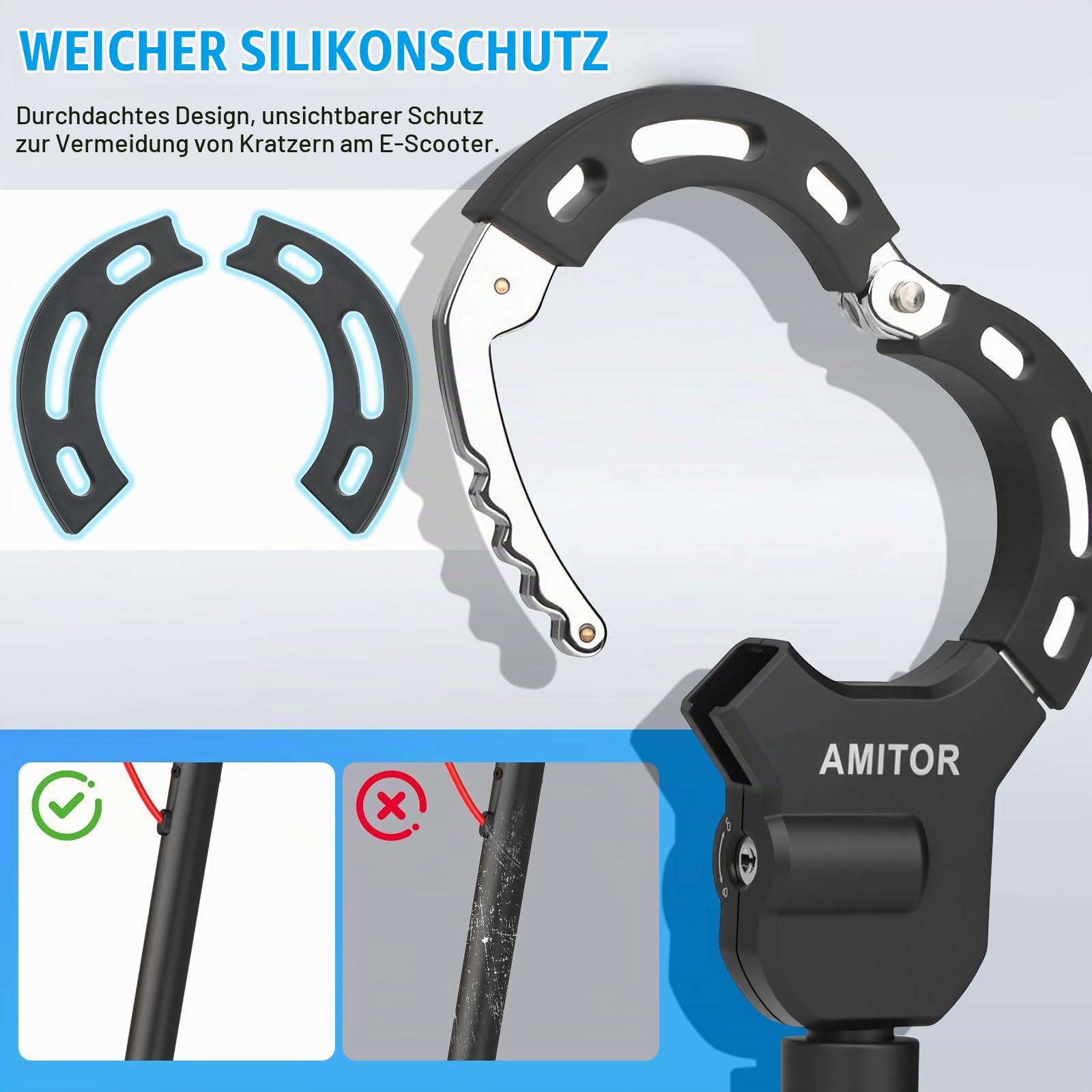 Handschellenschloss E Scooter Schloss mit Tasche 3L Leicht für Xiaomi Segway Ninebot, 8MM Anti-Diebstahlkette Schloss für E Scooter Fahrrad E-Bike, mit Silikonschutz & Unzerstörbarem Schlüssel
