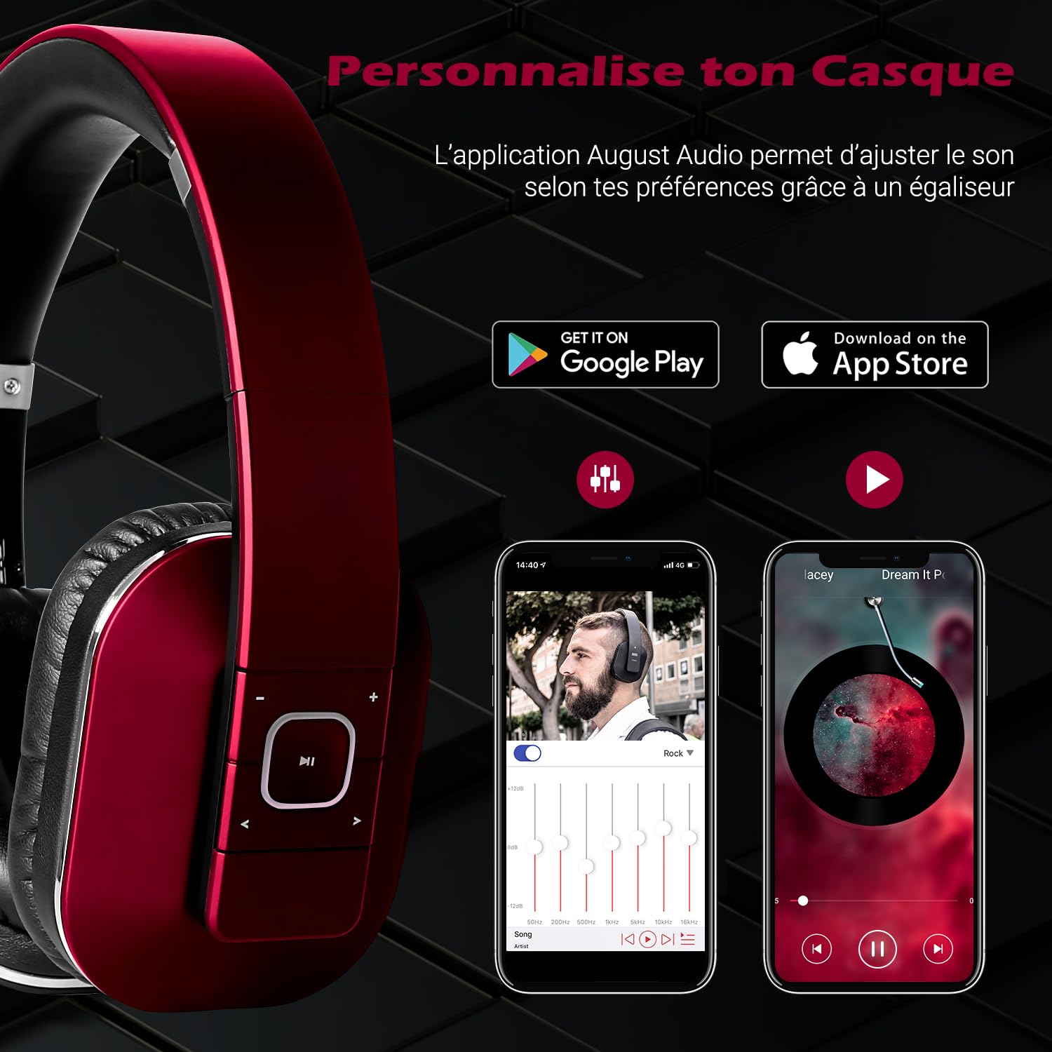 August EP650 - Casque Bluetooth Rouge sans Fil 4.2 aptX Low Latency-Circum Auriculaire avec Micro Léger Pliable Confortable NFC-Casque Audio Homme Femme Compatible iPhone Android TV Ordinateur Sport