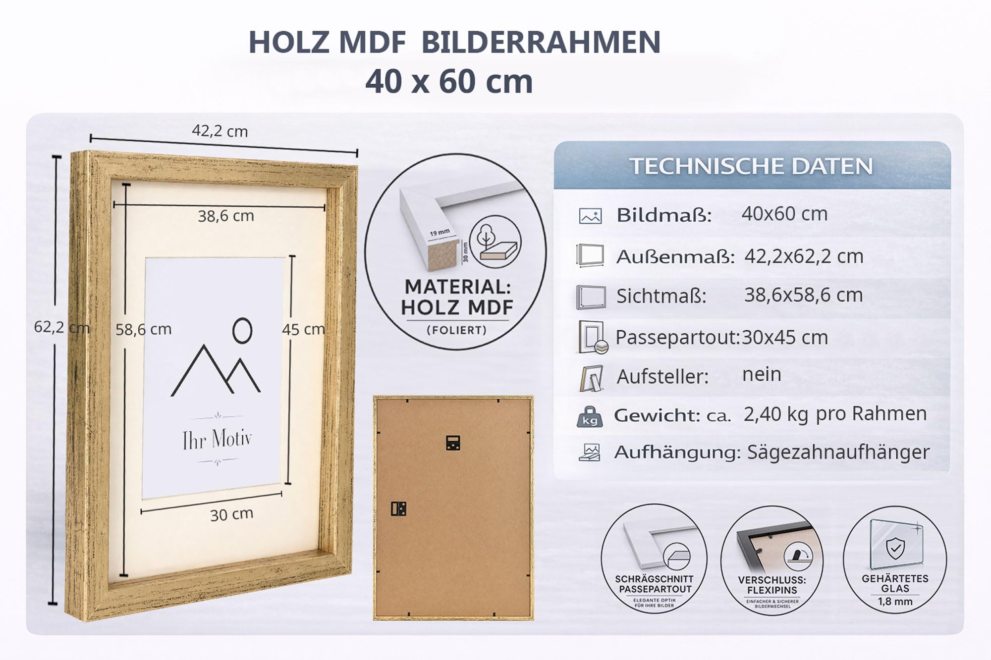 IDEAL TREND 3D Objektrahmen Bilderrahmen mit Passepartout & gehärtetem Glas Holz MDF Rahmen Foto Poster: Farbe: Weiß | Format: 40x60