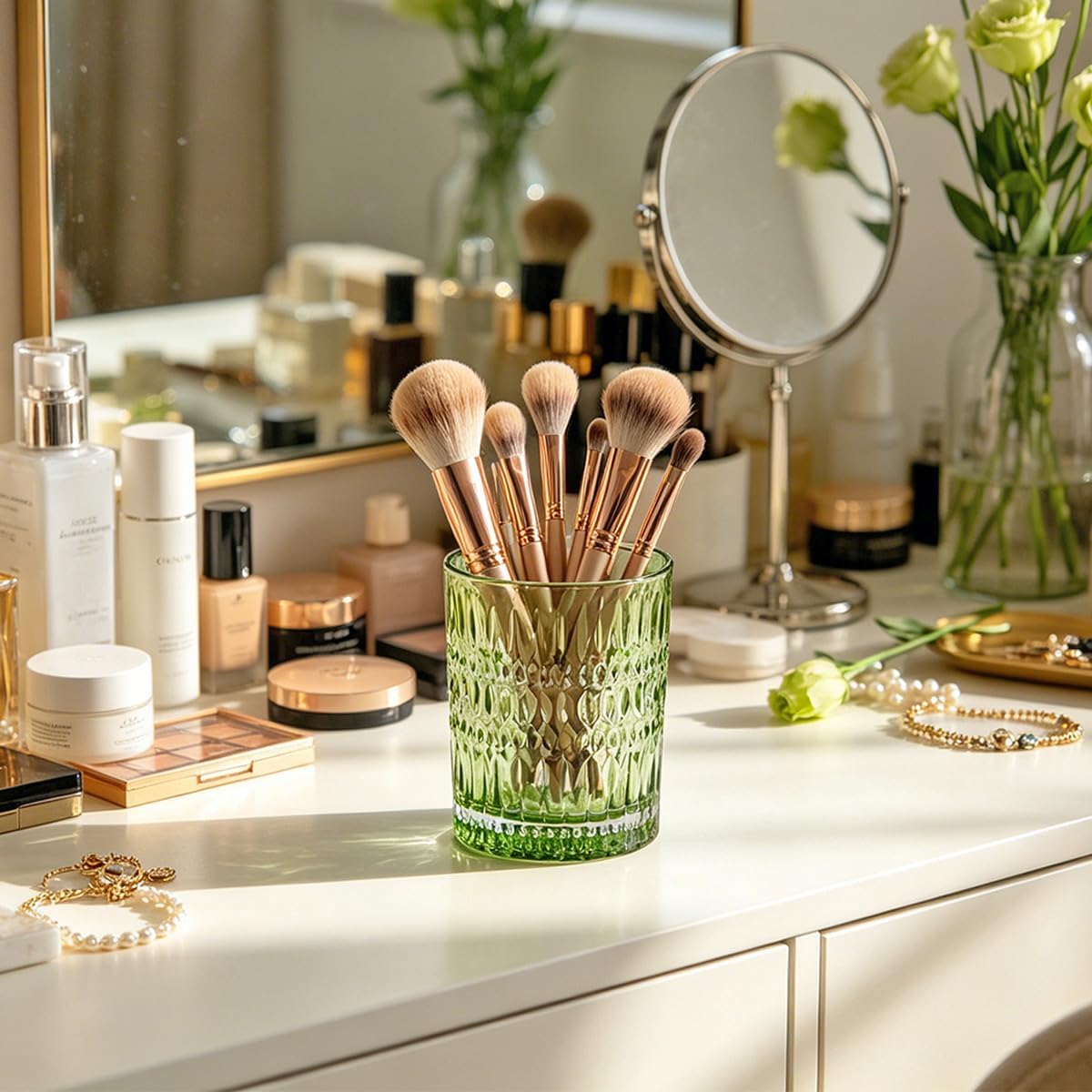 2pcs Green Glass Toothbrush Holder and 10Oz Bathroom Tumbler Cup