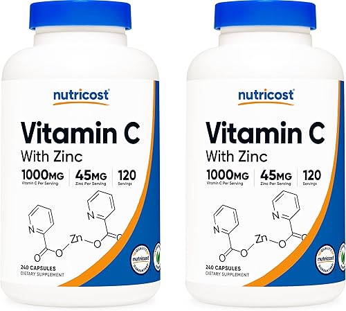 Nutricost Vitamina C con cápsulas de zinc, 120 porciones (paquete de 2) – 1000 mg de vitamina C, 45 mg de zinc, sin OMG, suplemento de vitamina C