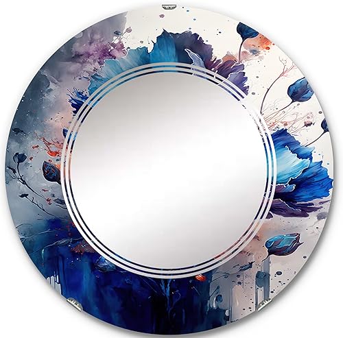 DesignQ Vibrant Blue Flower Bouquet II- Vanity Mirror, Bathroom Mirrors, Wall Mirrors for Living Room, Bedroom - Round Mirror - Large 24'x24',