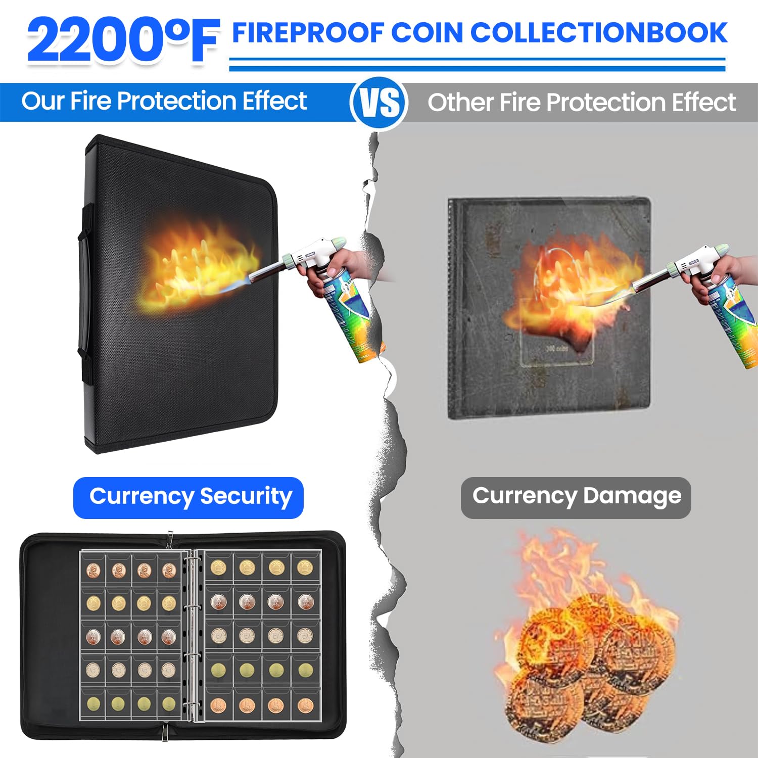Münzsammelzubehör Halter für Sammler mit Griff, feuerfestes Münzsammelbuch mit 400 Fächern und 36 Papiergeld-Organizer für Münzen, Geldsammelbedarf, Pennies (schwarz)