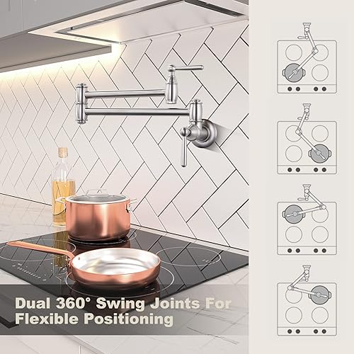 Miniatura 9 de ARCORA - Grifo de llenado de ollas de bronce antiguo, grifo plegable de cocina moderno, 2 manijas con brazos oscilantes de doble articulación, grifo